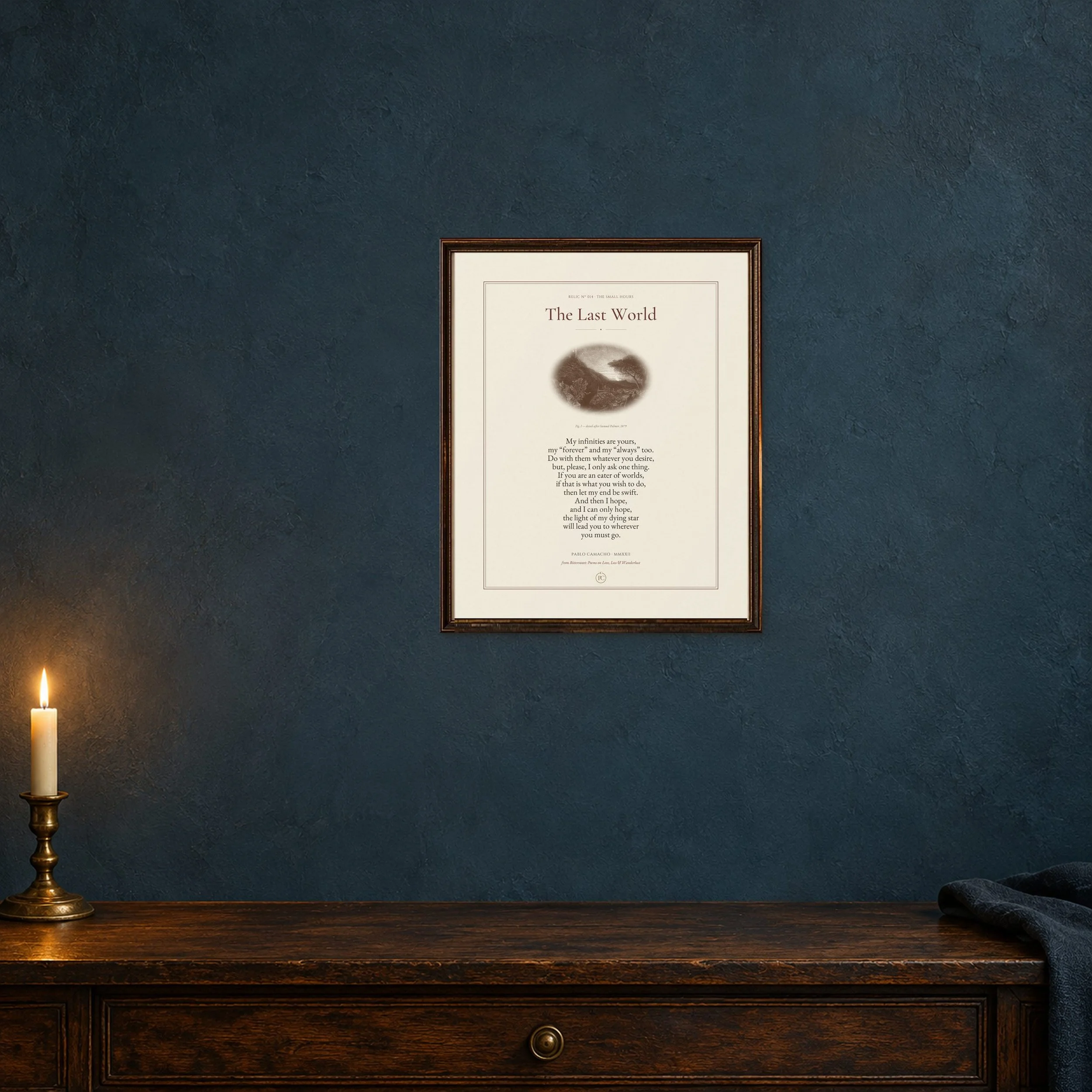 The Last World 8 × 10 poetry print in a small antique frame