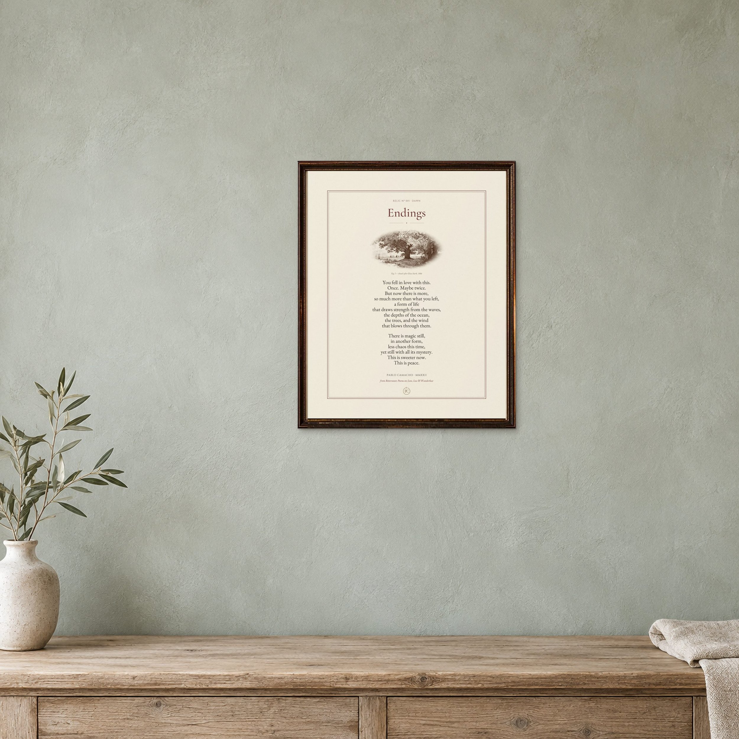 Endings 8 × 10 poetry print in a small antique frame