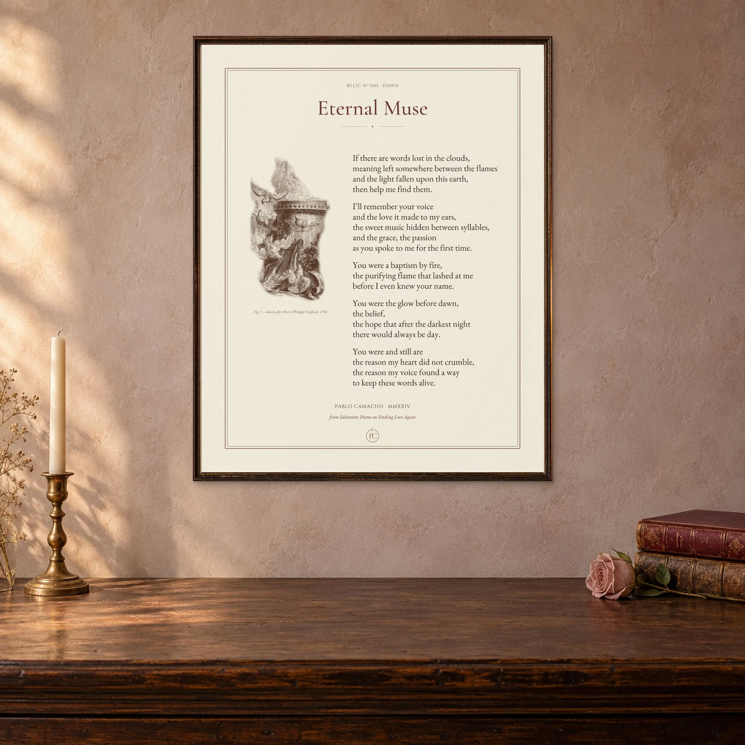Eternal Muse poetry print with an altar-of-love illustration, framed above a wooden chest by candlelight