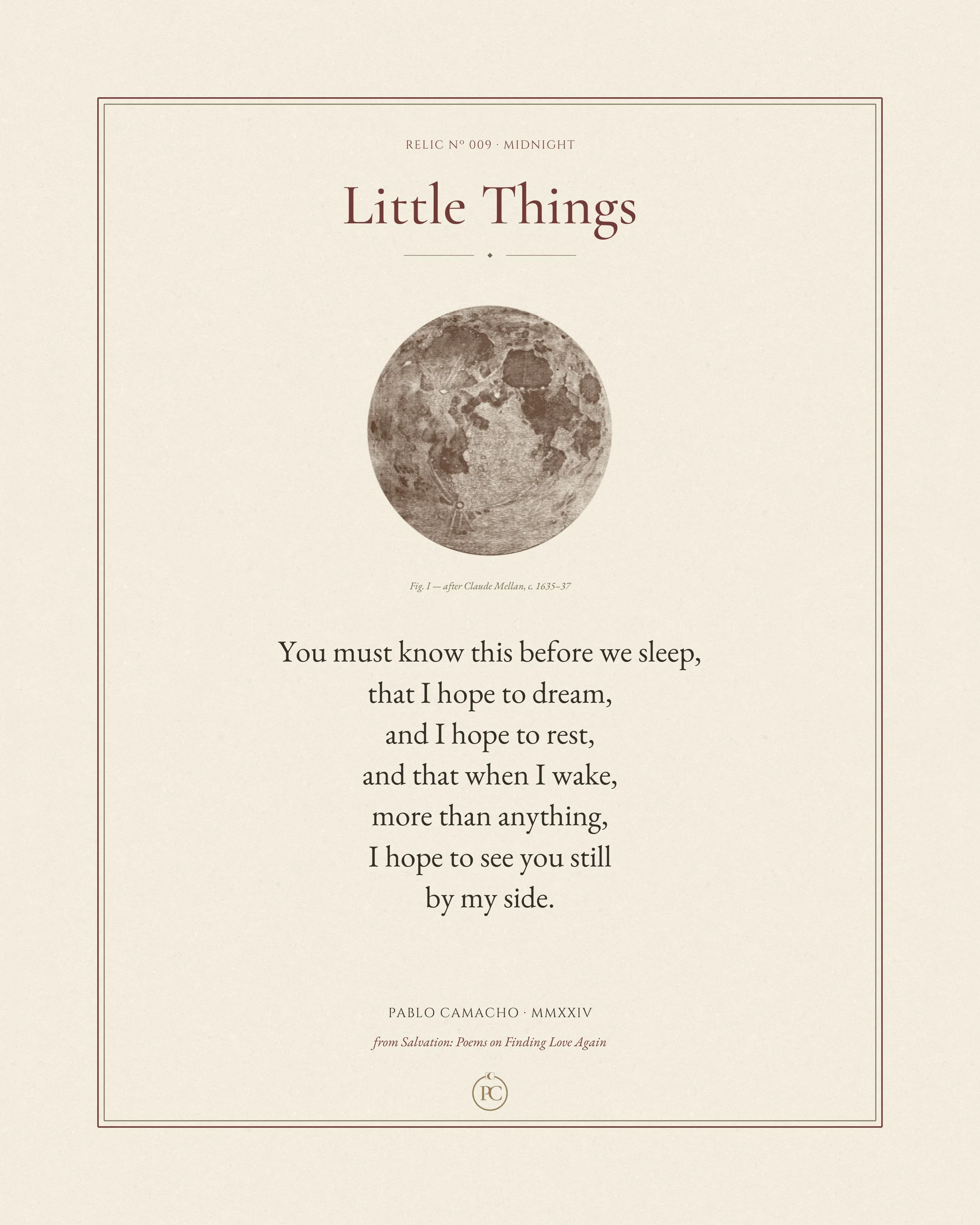 Little Things poetry print by Pablo Camacho, full sheet with a 17th-century full moon engraving