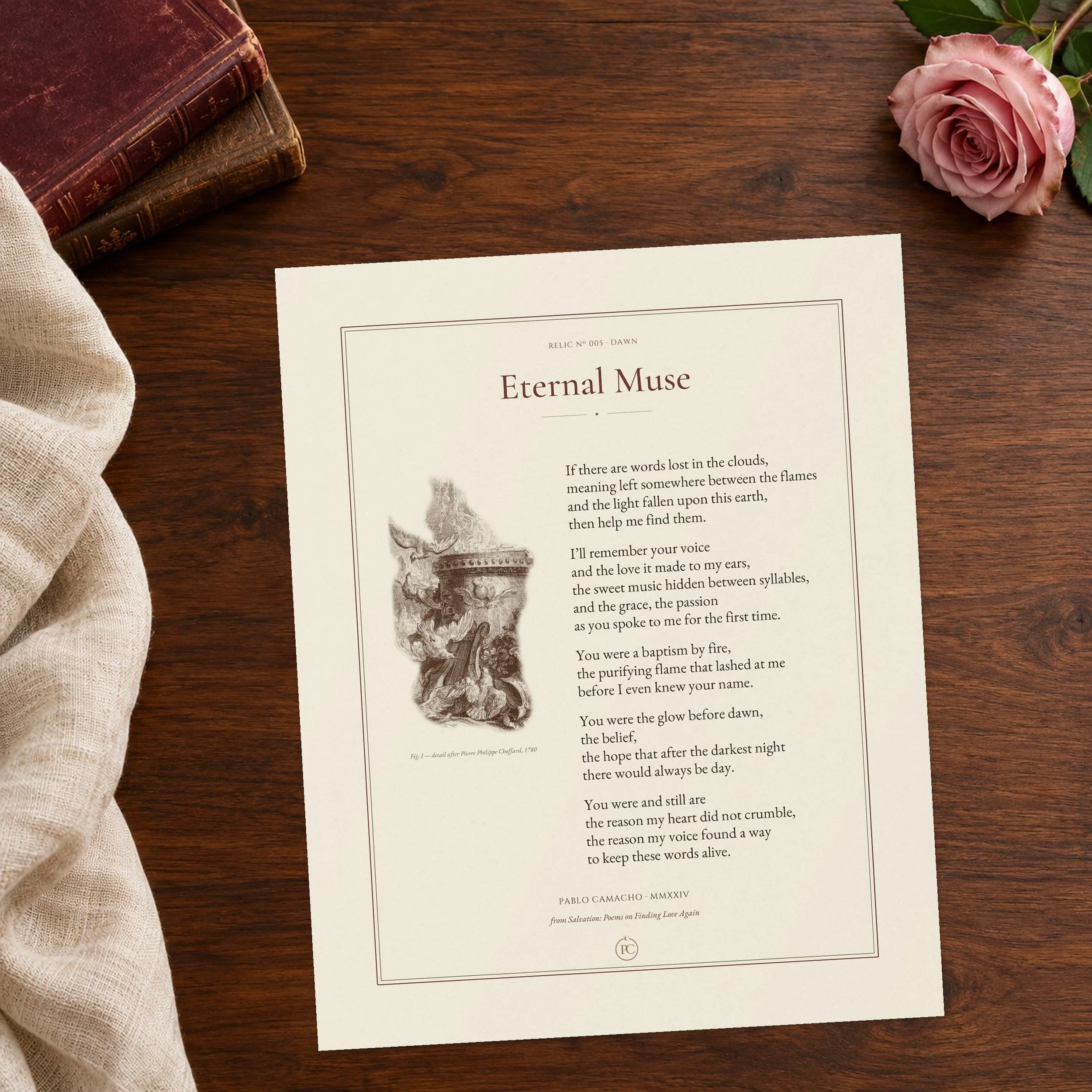 Eternal Muse poem print on textured fine-art paper, with an 18th-century altar of love after Choffard