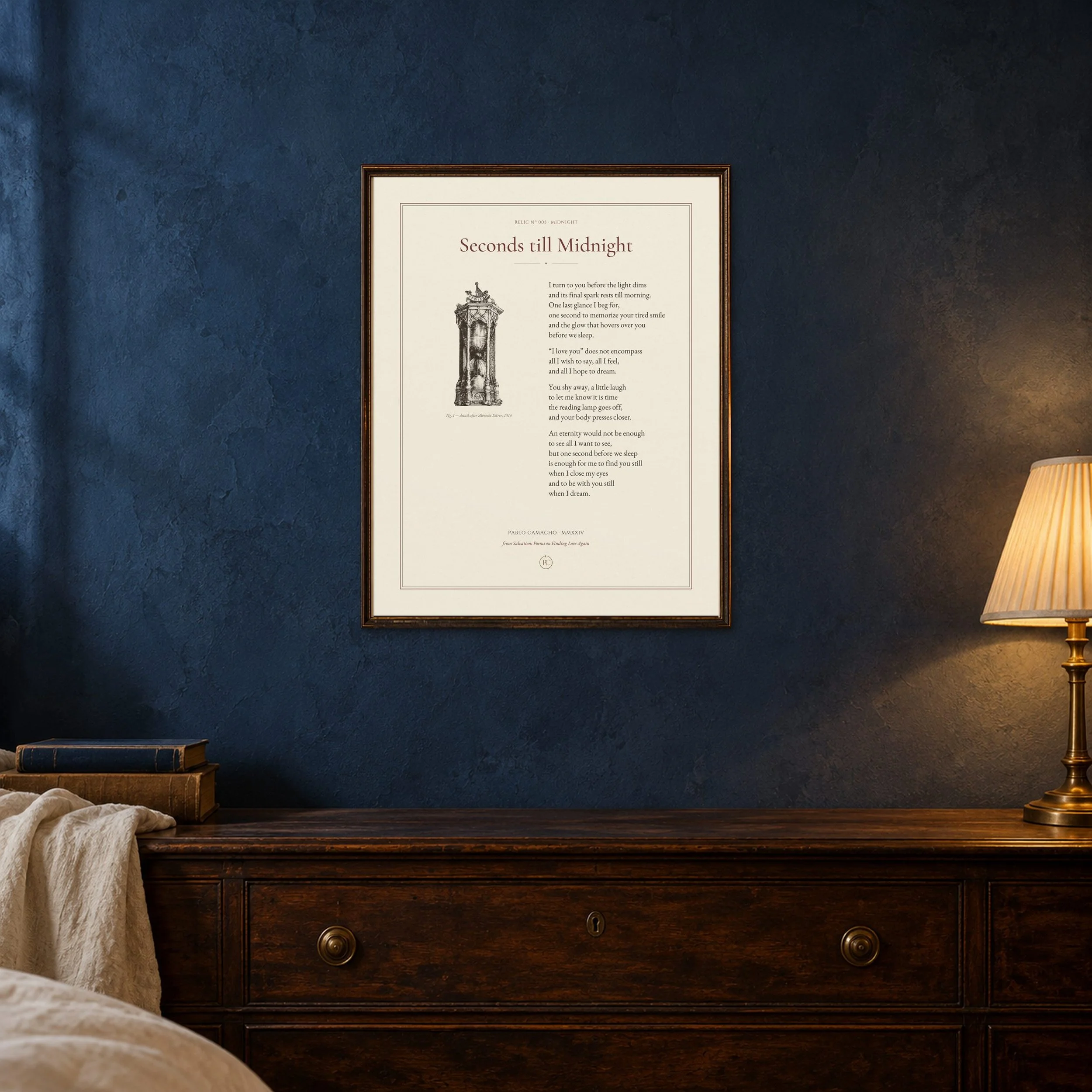 Seconds till Midnight 11 × 14 poetry print in a dark wood frame