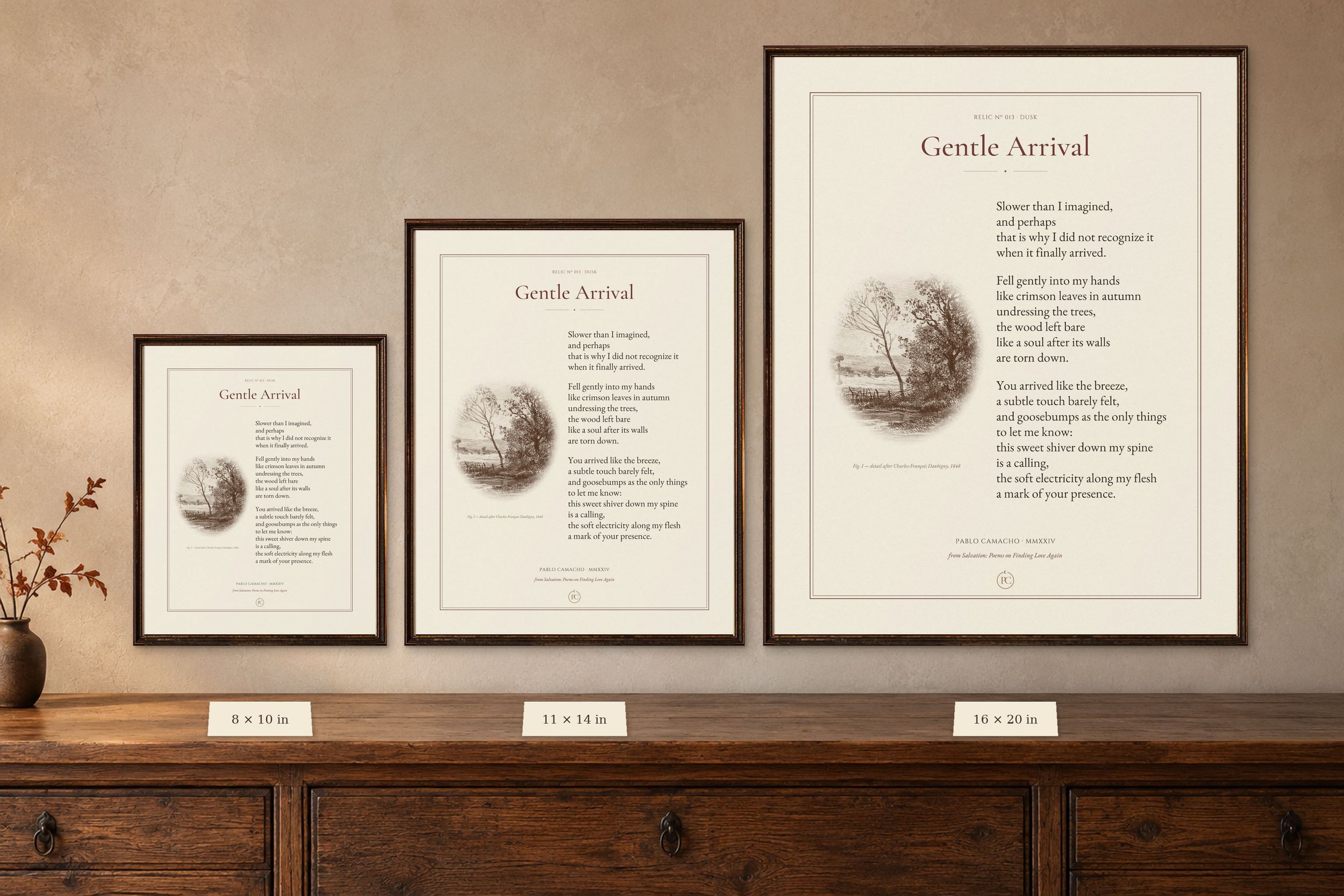 Gentle Arrival poetry print shown in 8 × 10, 11 × 14 and 16 × 20 sizes