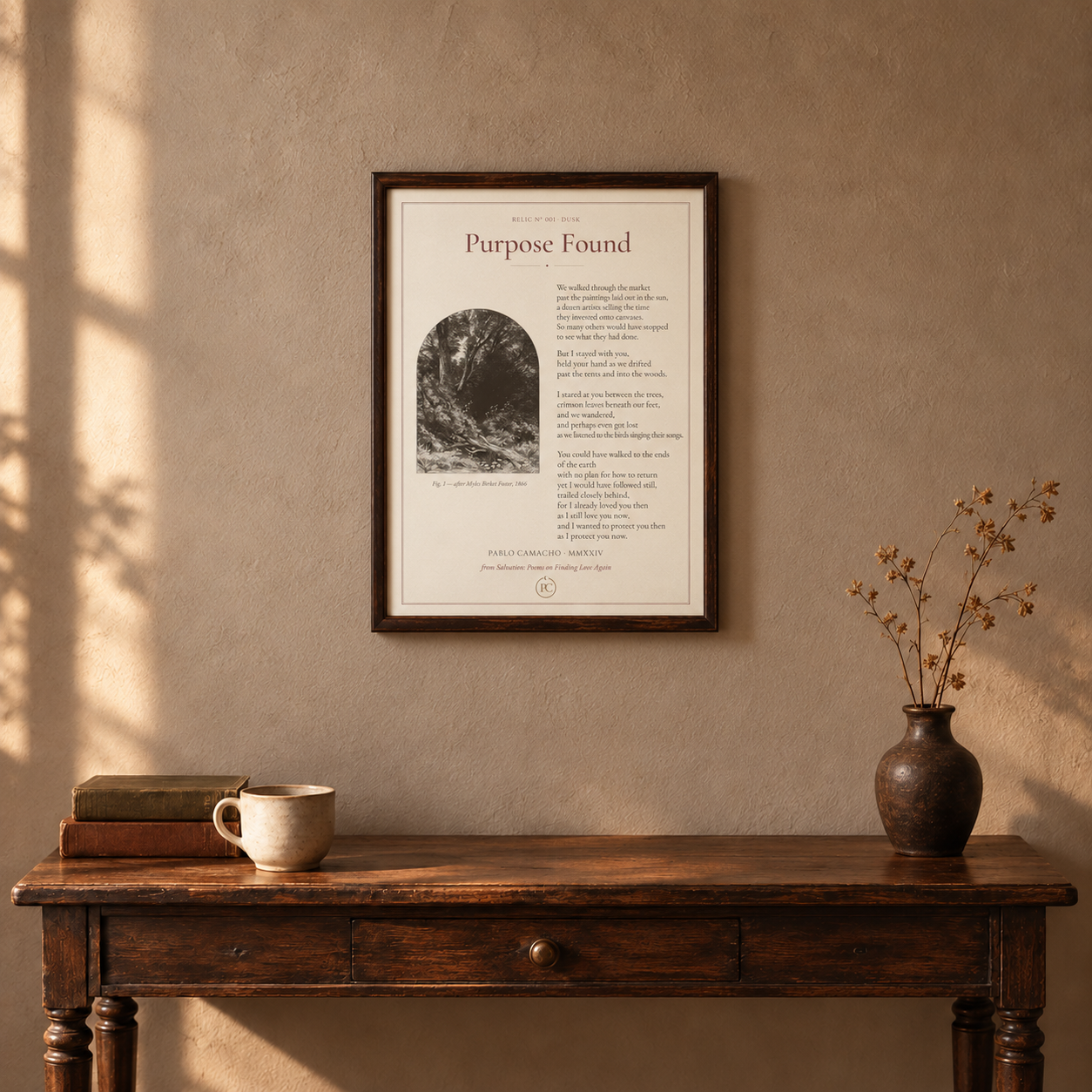 Purpose Found 11×14 print in a warm walnut frame