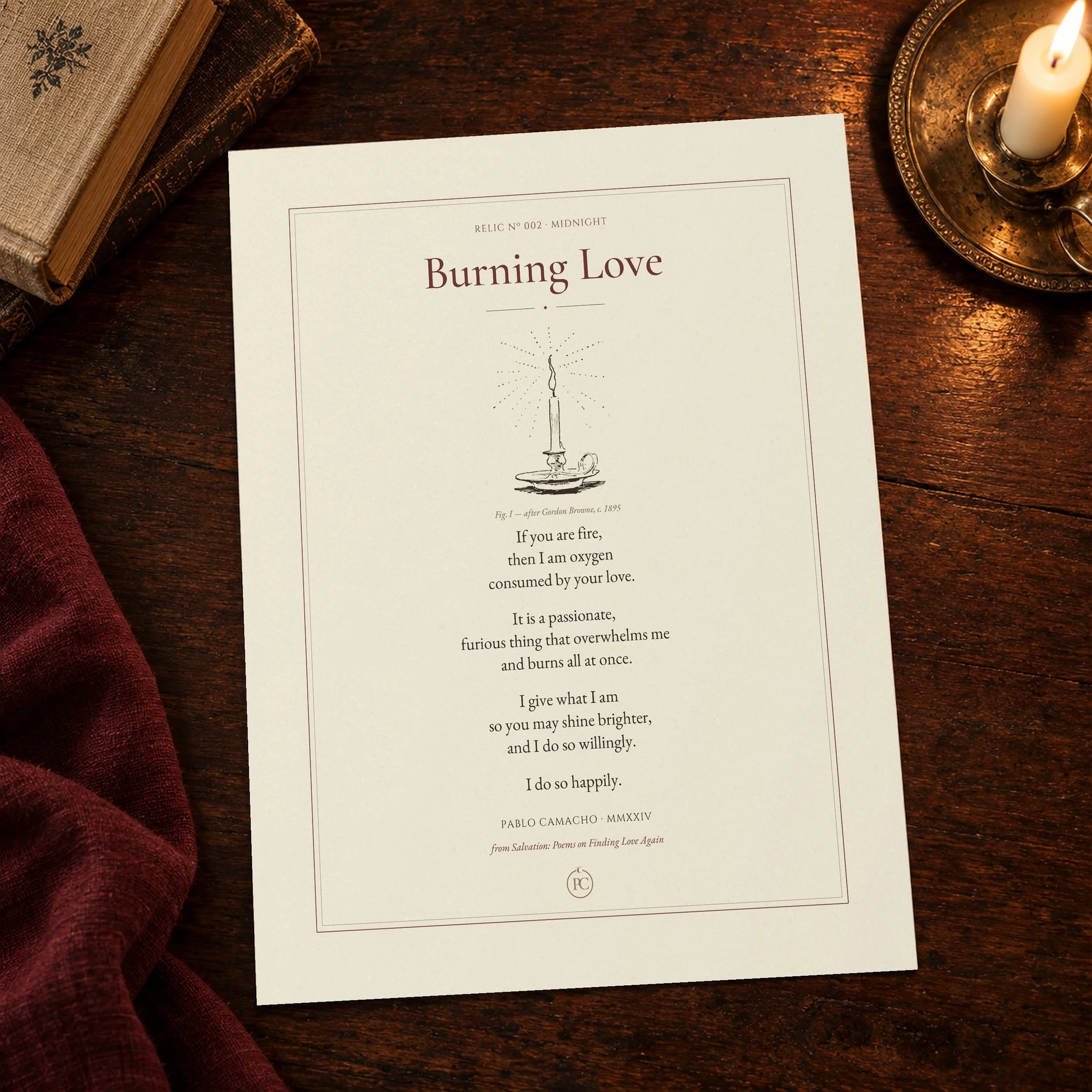 Burning Love 8×10 poetry print lying unframed on a wooden desk