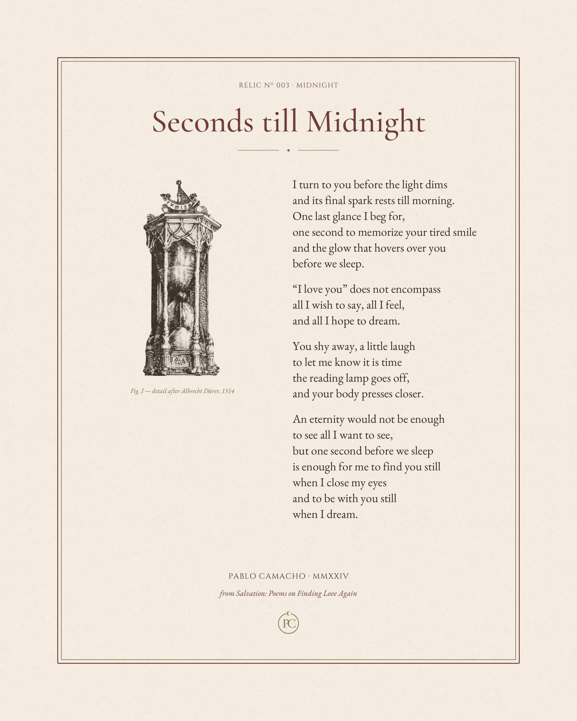 Seconds till Midnight poetry print by Pablo Camacho, full sheet with an hourglass after Albrecht Dürer