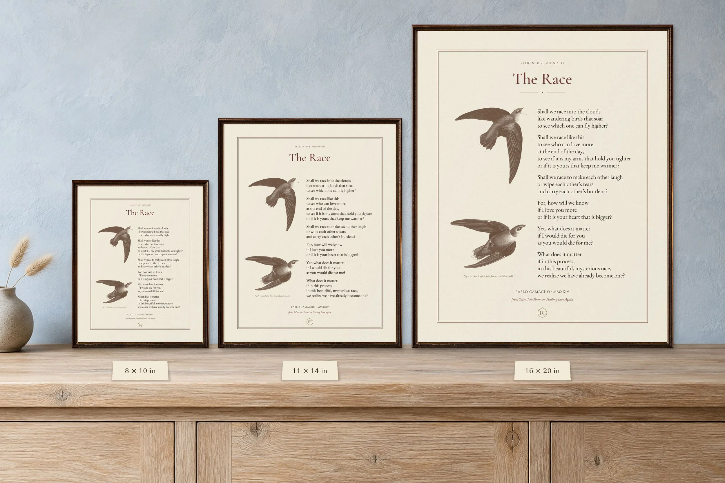 The Race poetry print shown in 8 × 10, 11 × 14 and 16 × 20 sizes