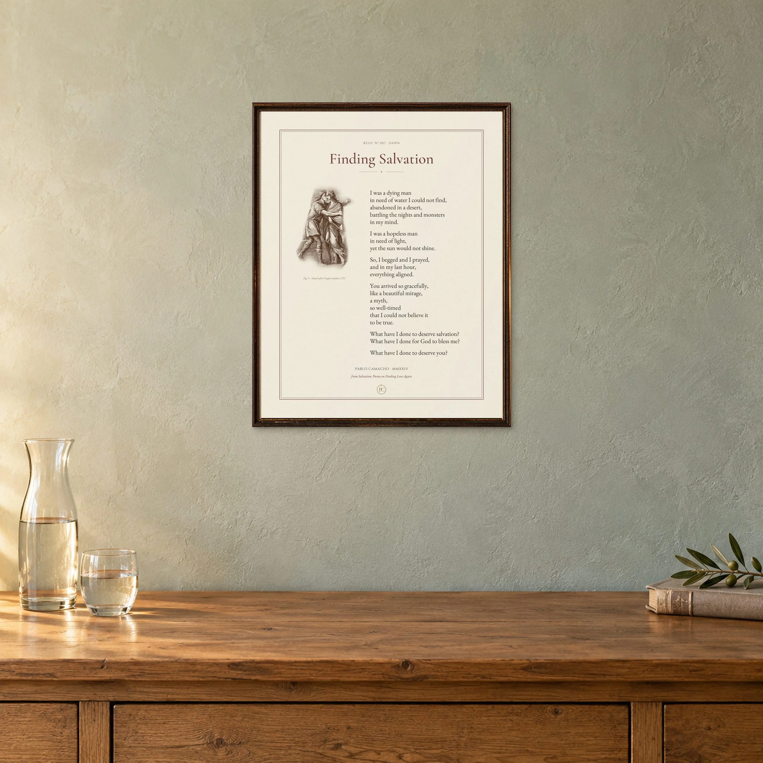 Finding Salvation 11 × 14 poetry print in a dark wood frame
