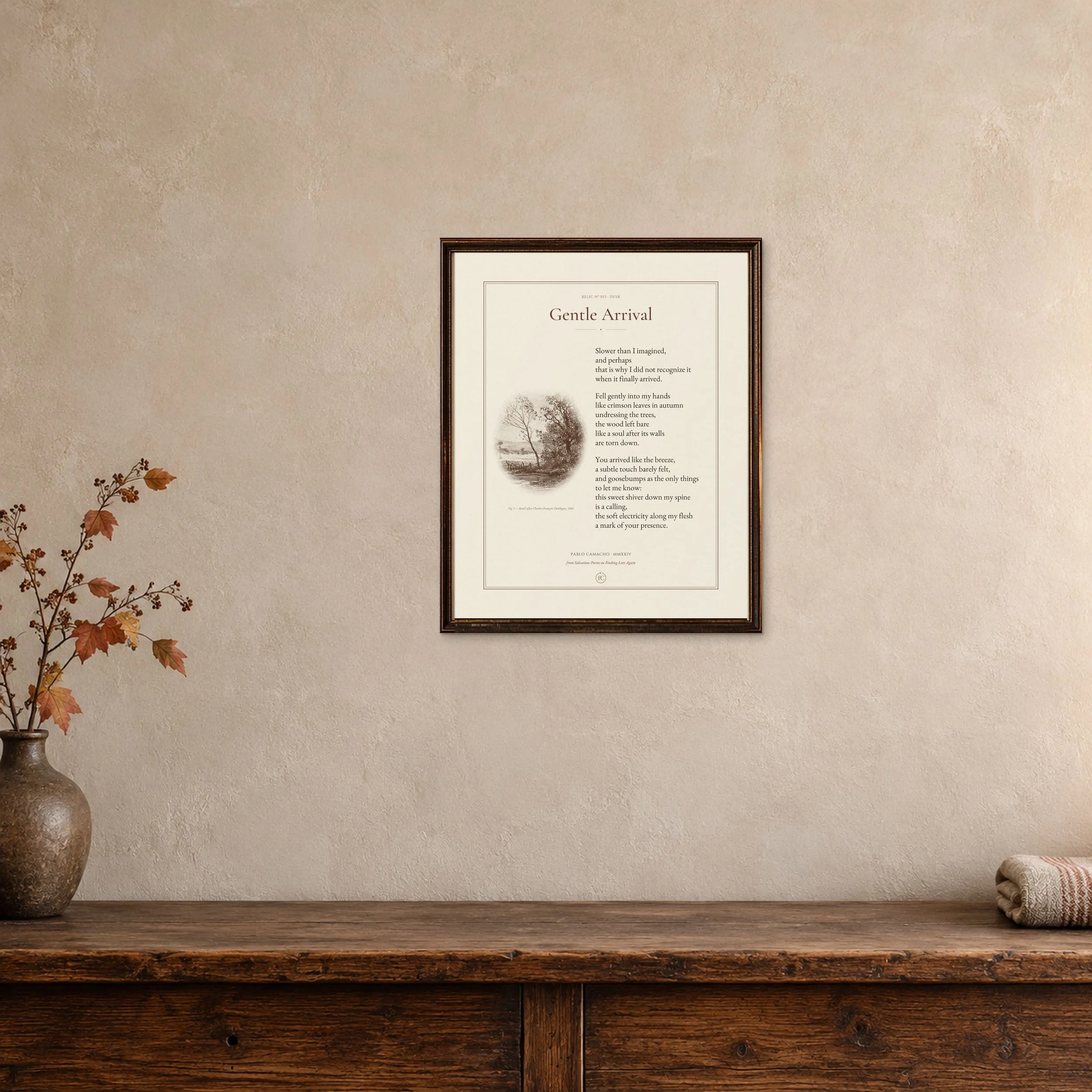 Gentle Arrival 8 × 10 poetry print in a small antique frame