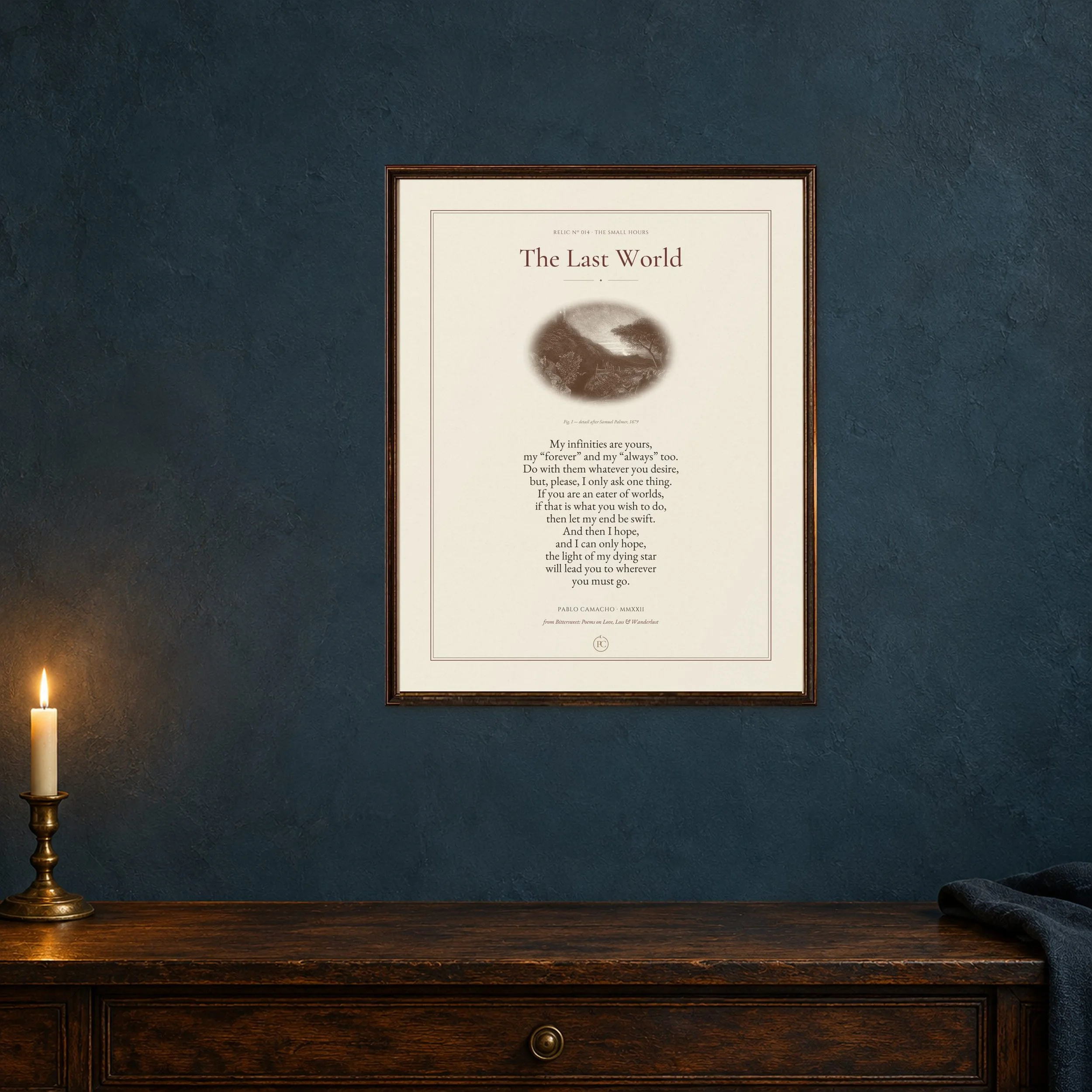 The Last World 11 × 14 poetry print in a dark wood frame