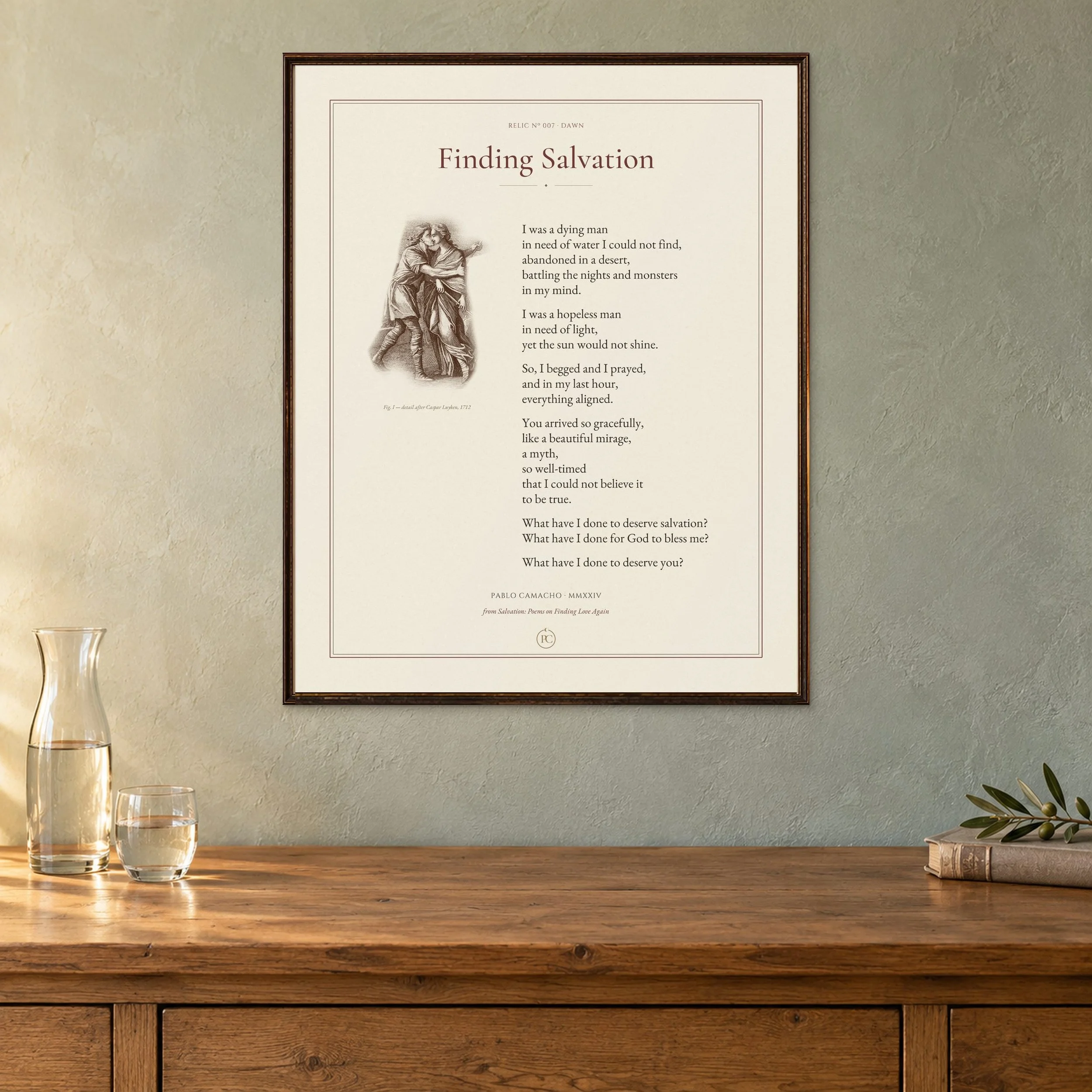 Finding Salvation poetry print with Jacob and Rachel embracing, framed above a wooden dresser in morning light