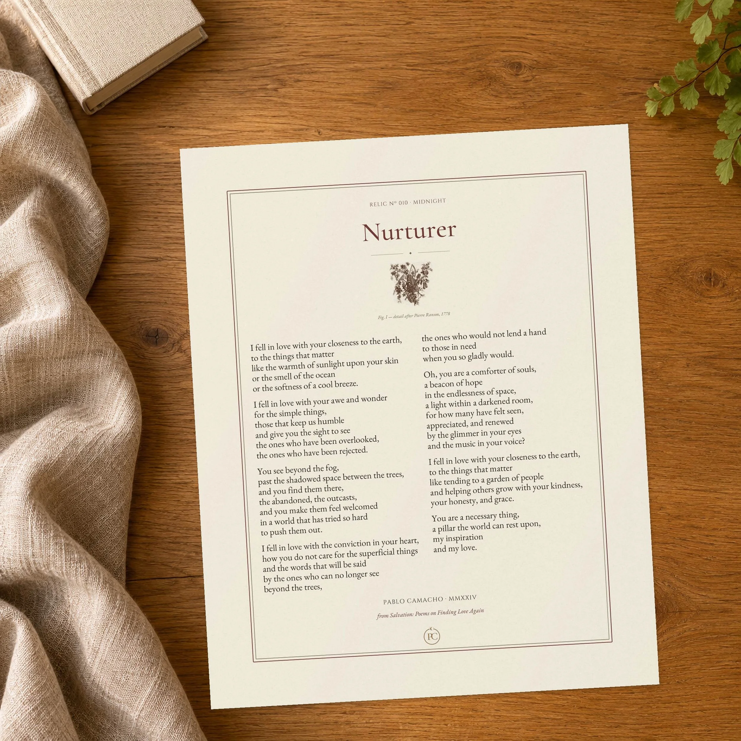 Nurturer poem print on textured fine-art paper, with a garden trophy after Pierre Ranson