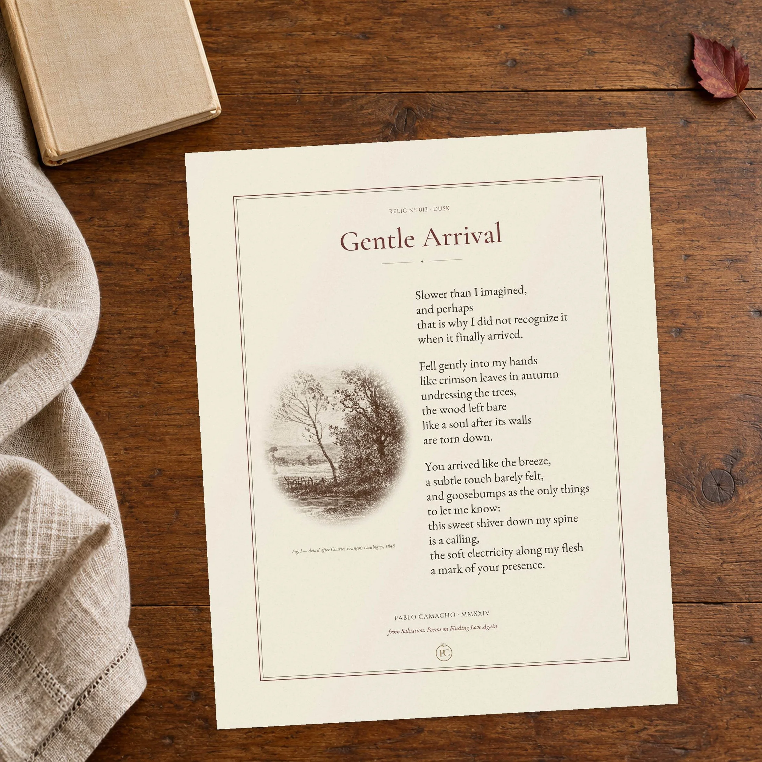 Gentle Arrival poem print on textured fine-art paper, with autumn trees after Charles-François Daubigny