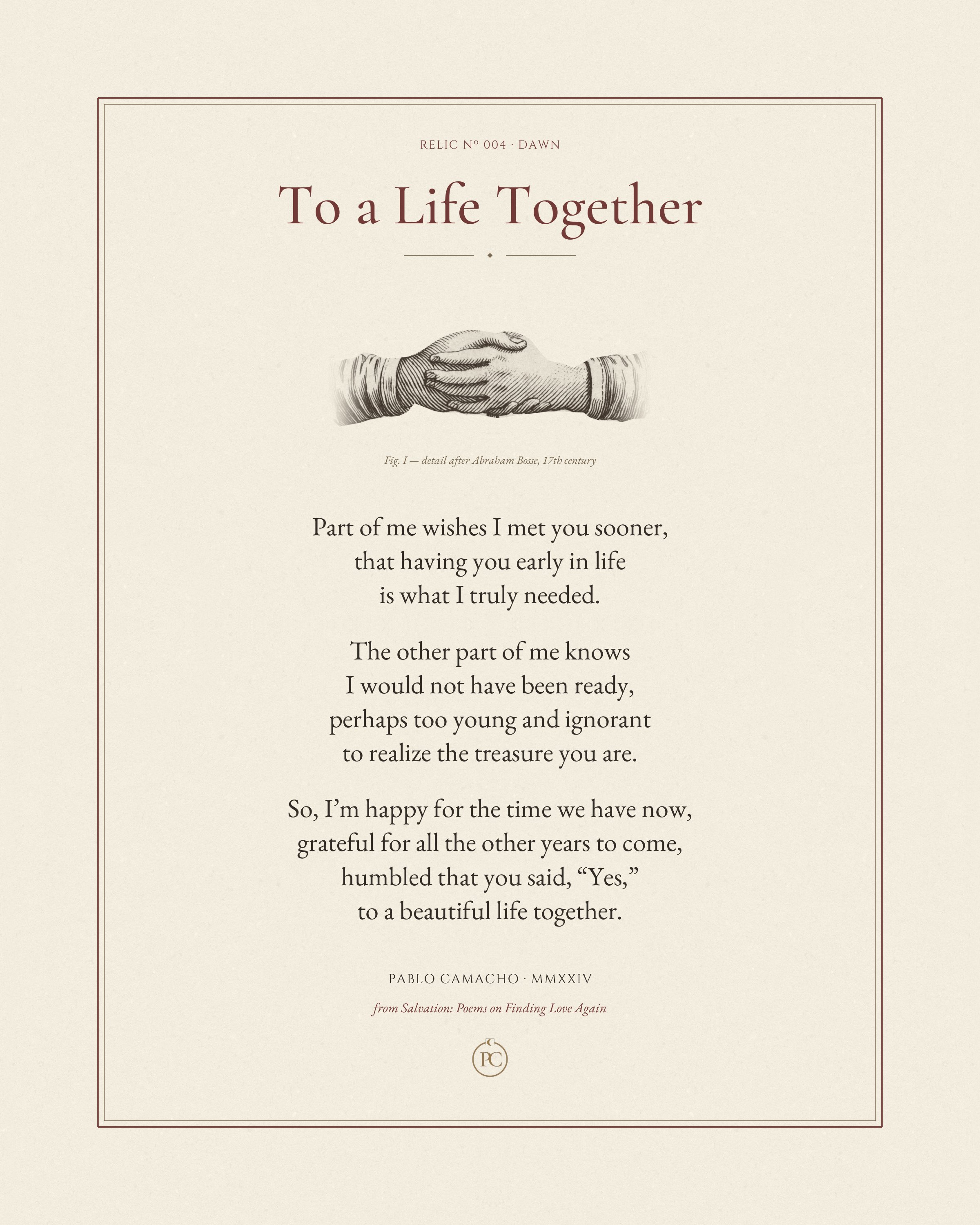 To a Life Together poetry print by Pablo Camacho, full sheet with 17th-century clasped hands