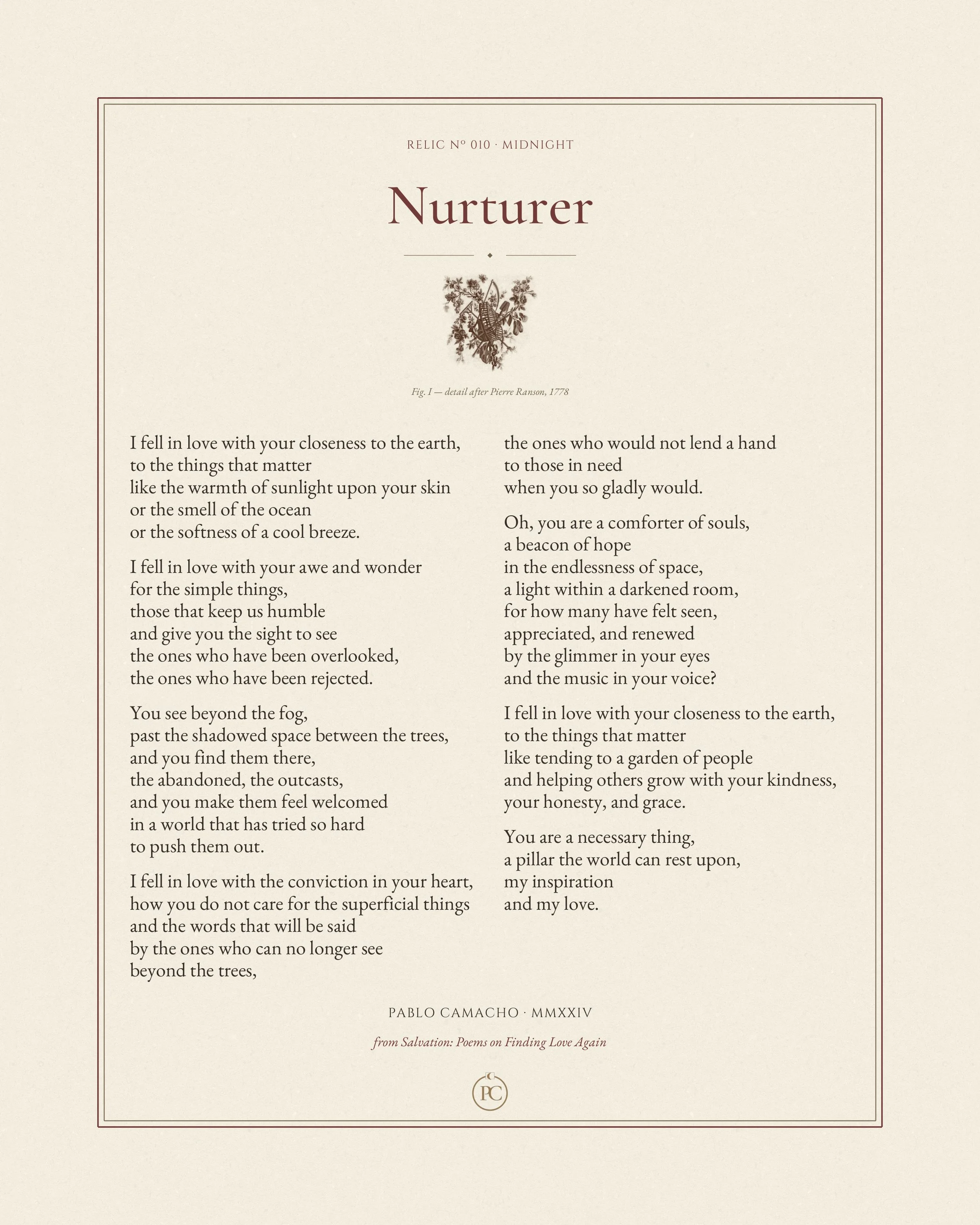 Nurturer poetry print by Pablo Camacho, full sheet with a watering can, rake and roses