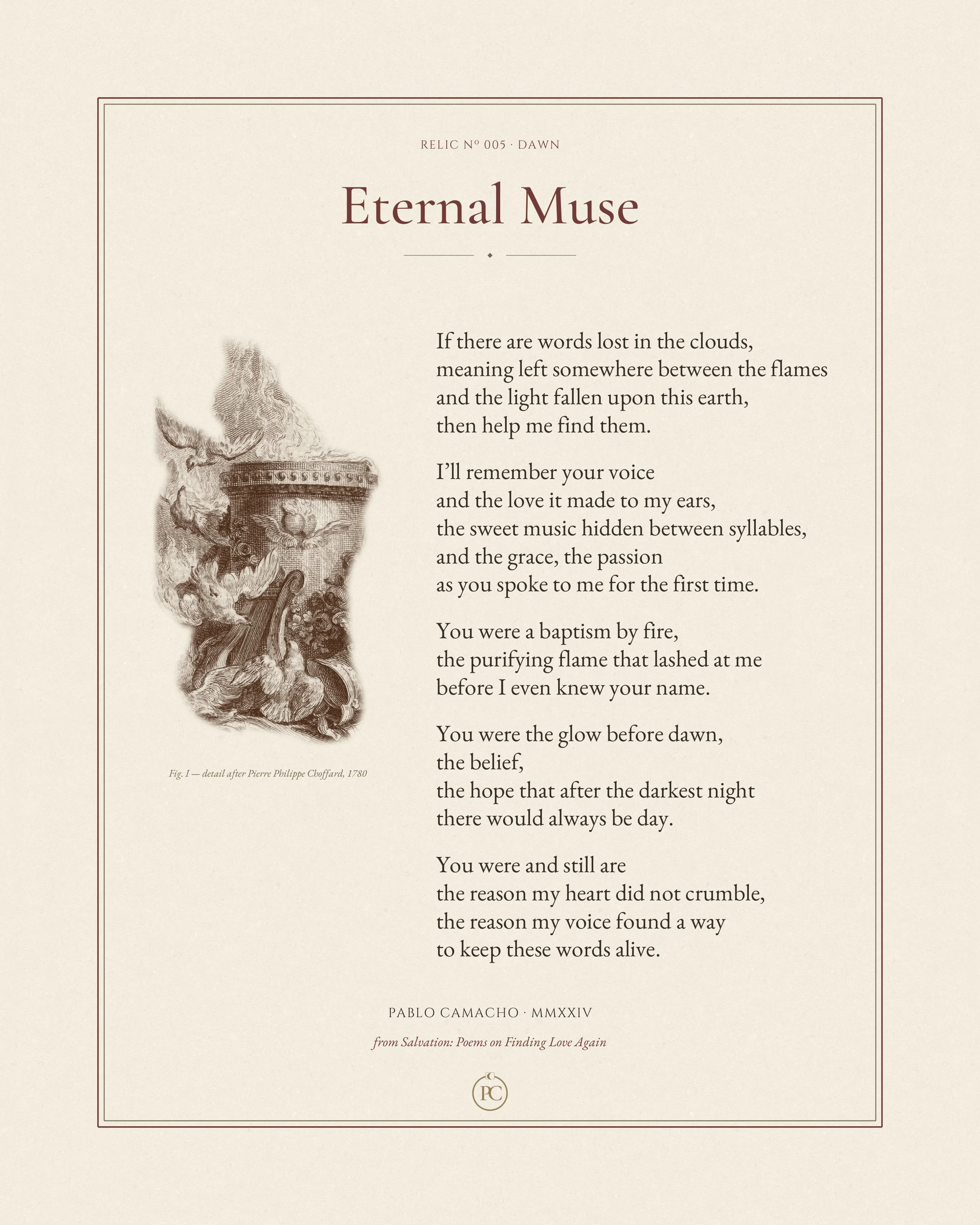 Eternal Muse poetry print by Pablo Camacho, full sheet with flames, a winged heart, a lyre and doves