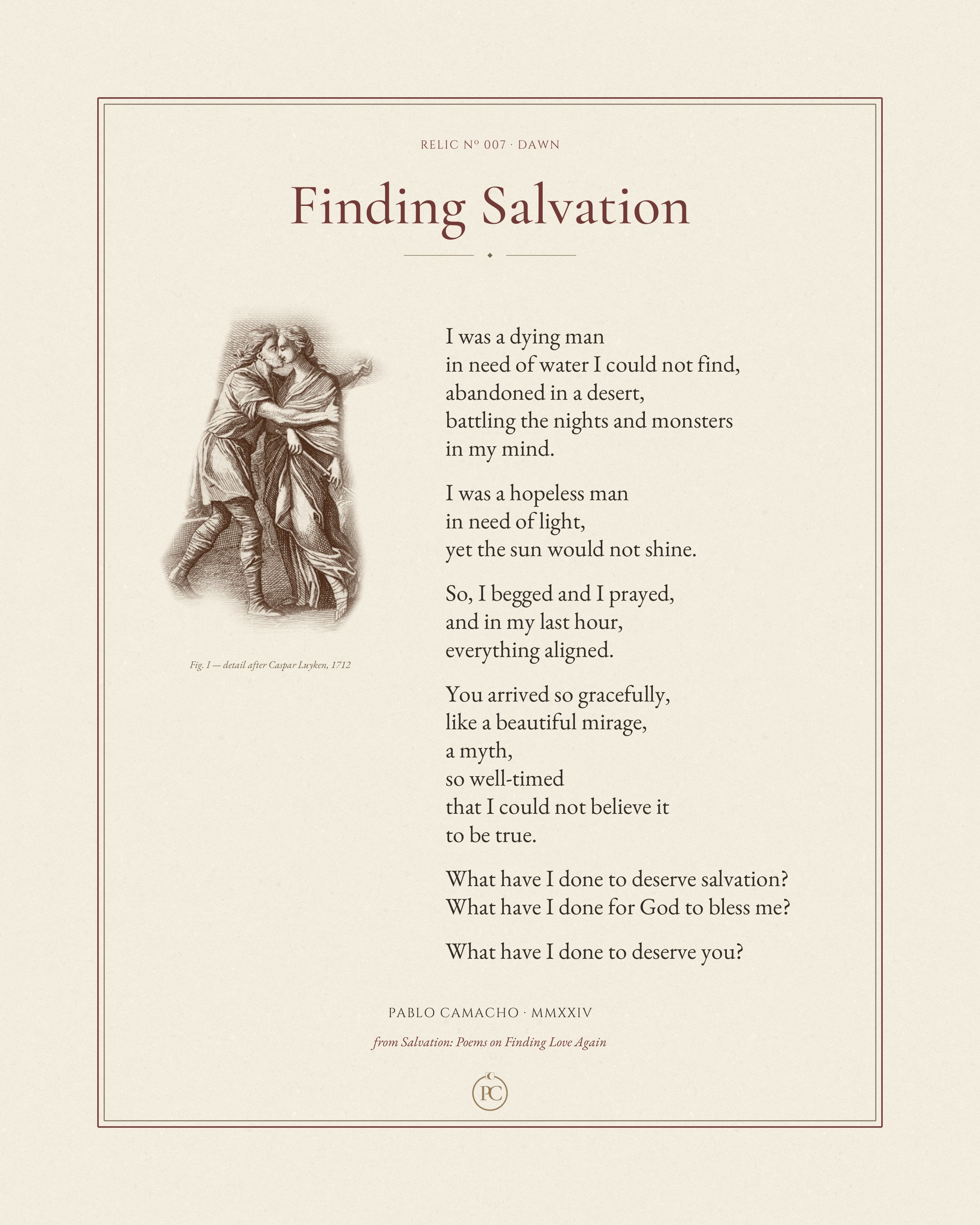 Finding Salvation poetry print by Pablo Camacho, full sheet with a 1712 etching of Jacob kissing Rachel