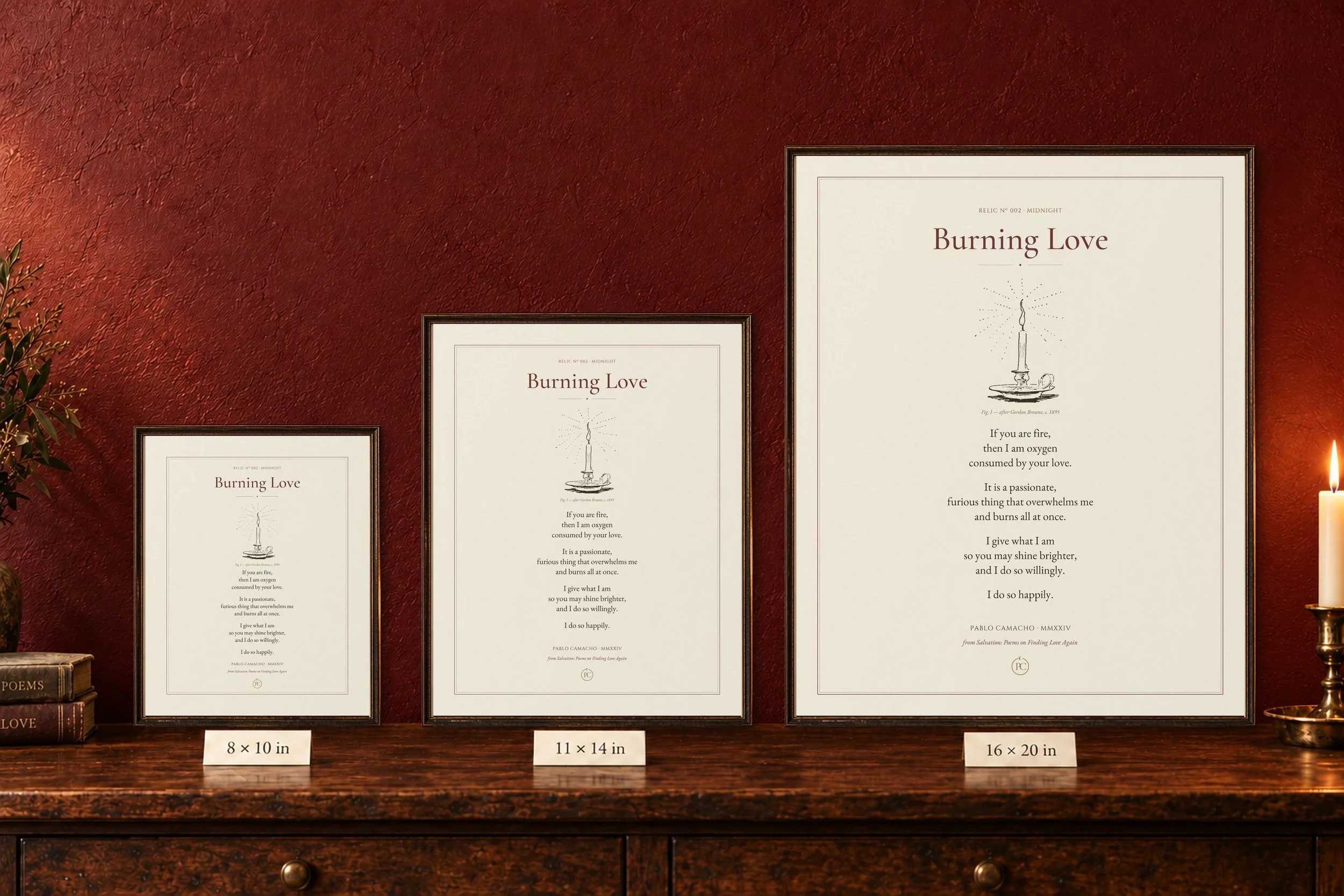 Burning Love print shown in 8×10, 11×14 and 16×20 sizes
