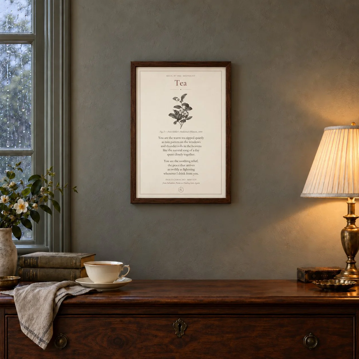 Tea poetry print with a vintage tea-plant botanical illustration, in a dark walnut frame, 11x14