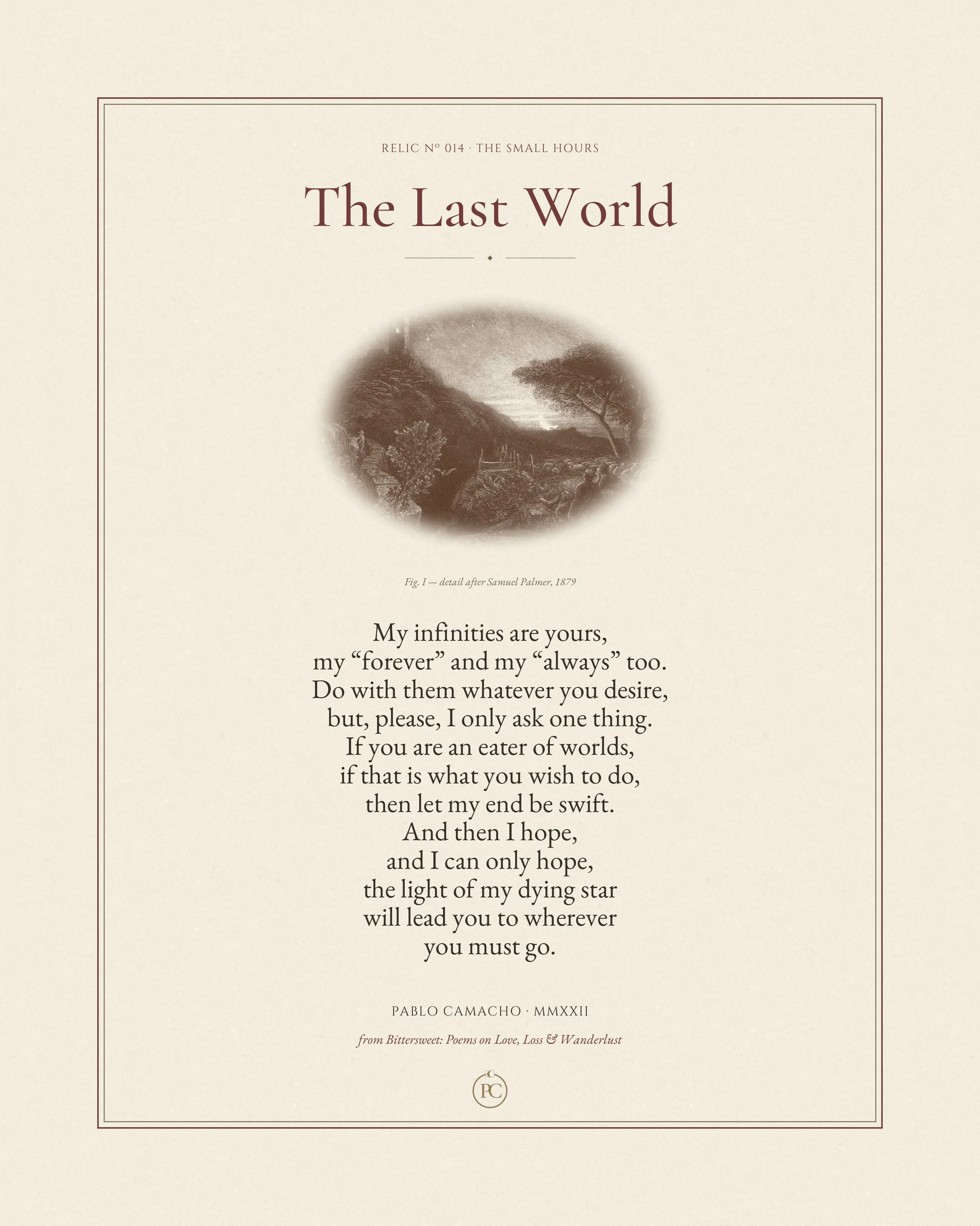 The Last World poetry print by Pablo Camacho, full sheet with The Lonely Tower etching