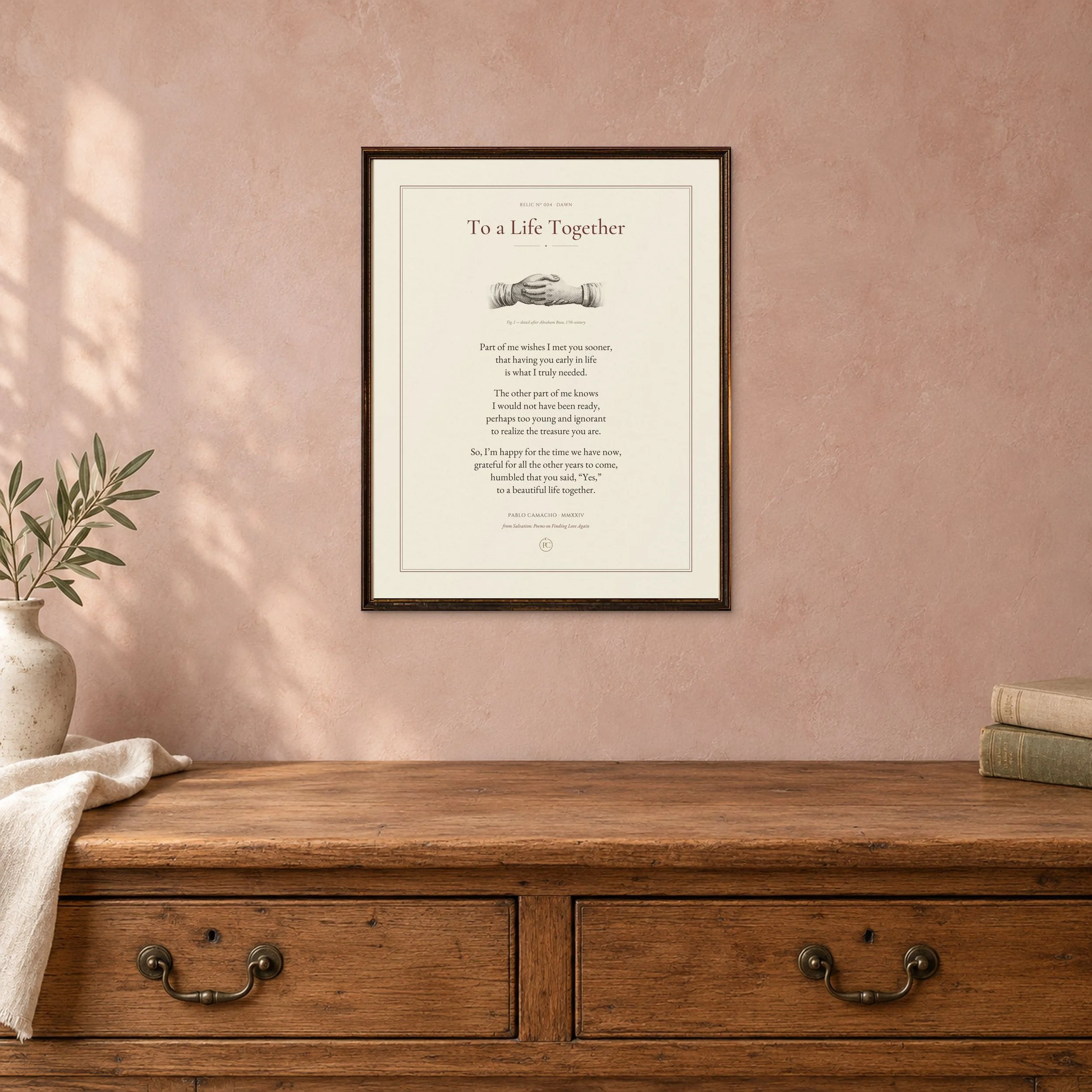 To a Life Together 11 × 14 poetry print in a dark wood frame