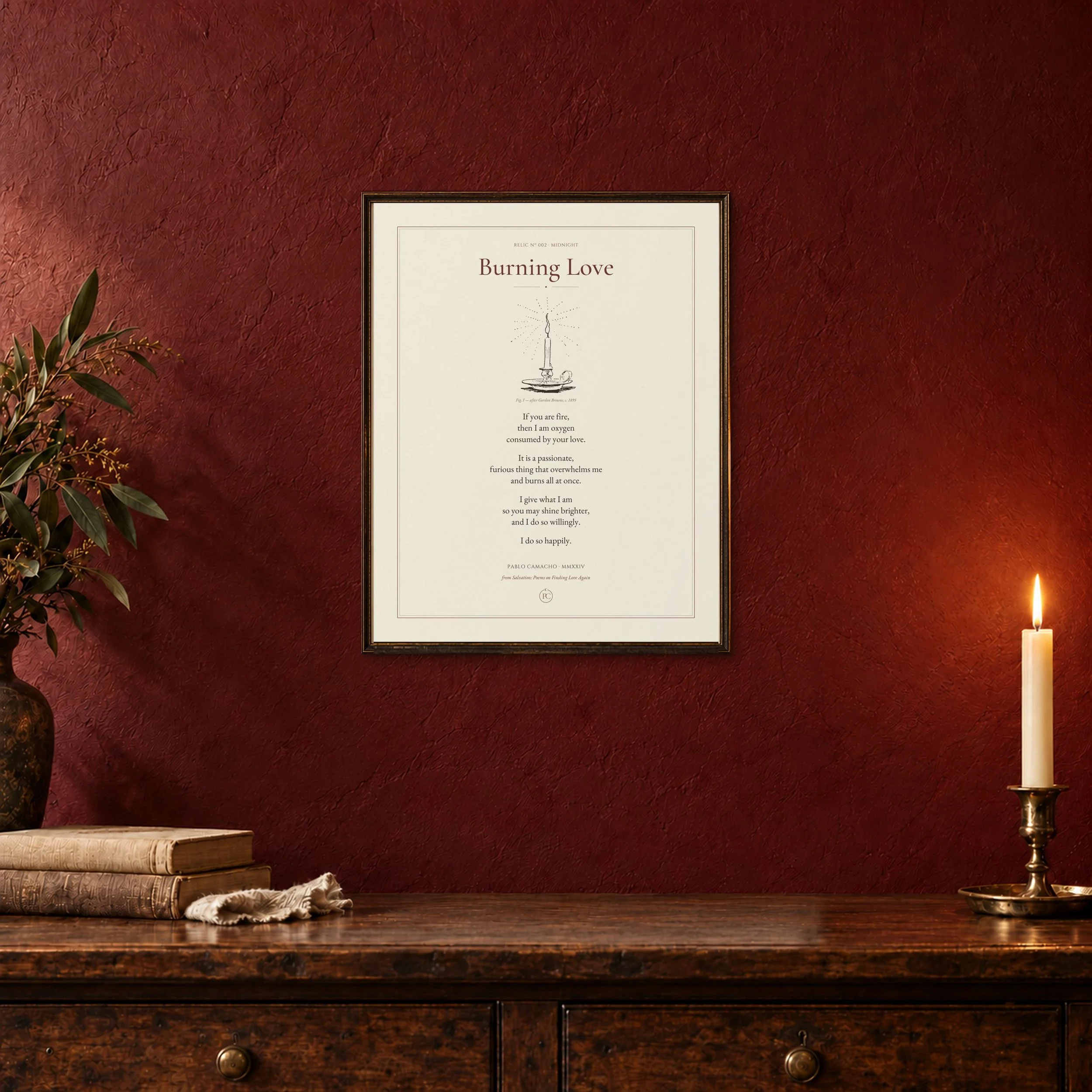 Burning Love 11×14 poetry print in a dark walnut frame