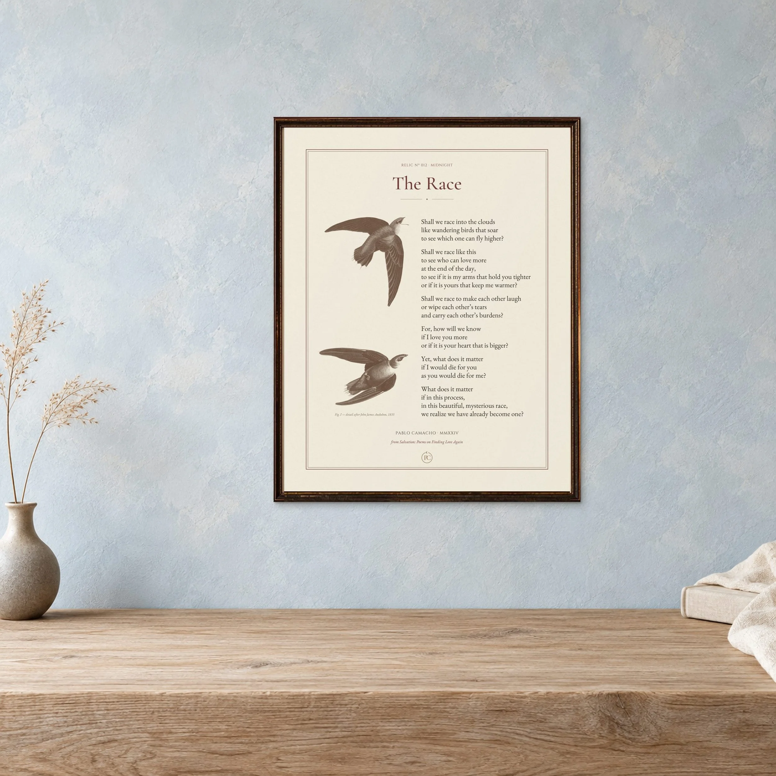 The Race 11 × 14 poetry print in a dark wood frame