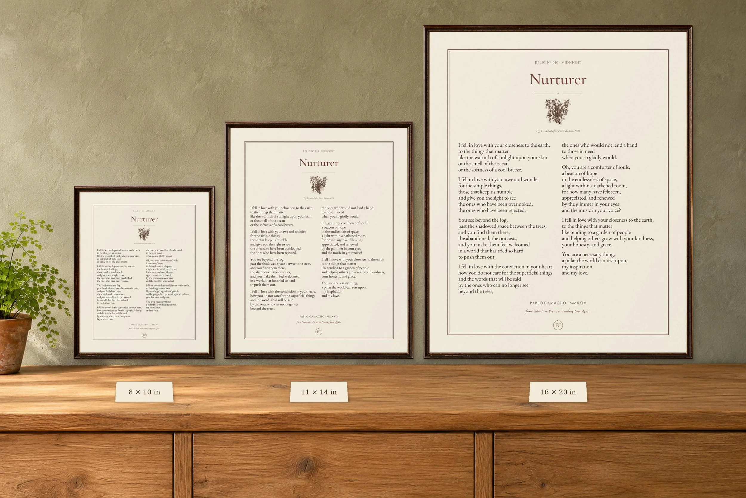 Nurturer poetry print shown in 8 × 10, 11 × 14 and 16 × 20 sizes