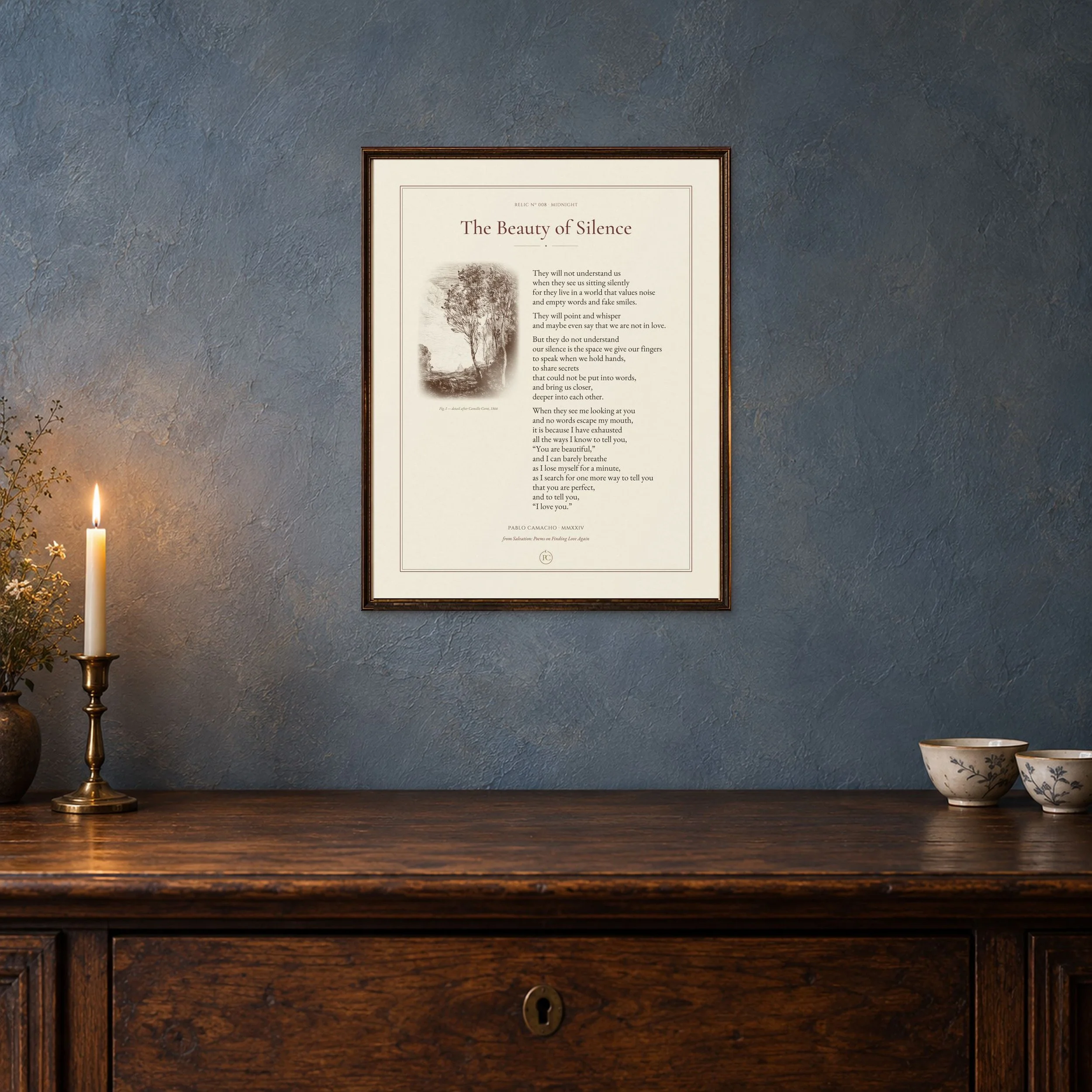 The Beauty of Silence 11 × 14 poetry print in a dark wood frame