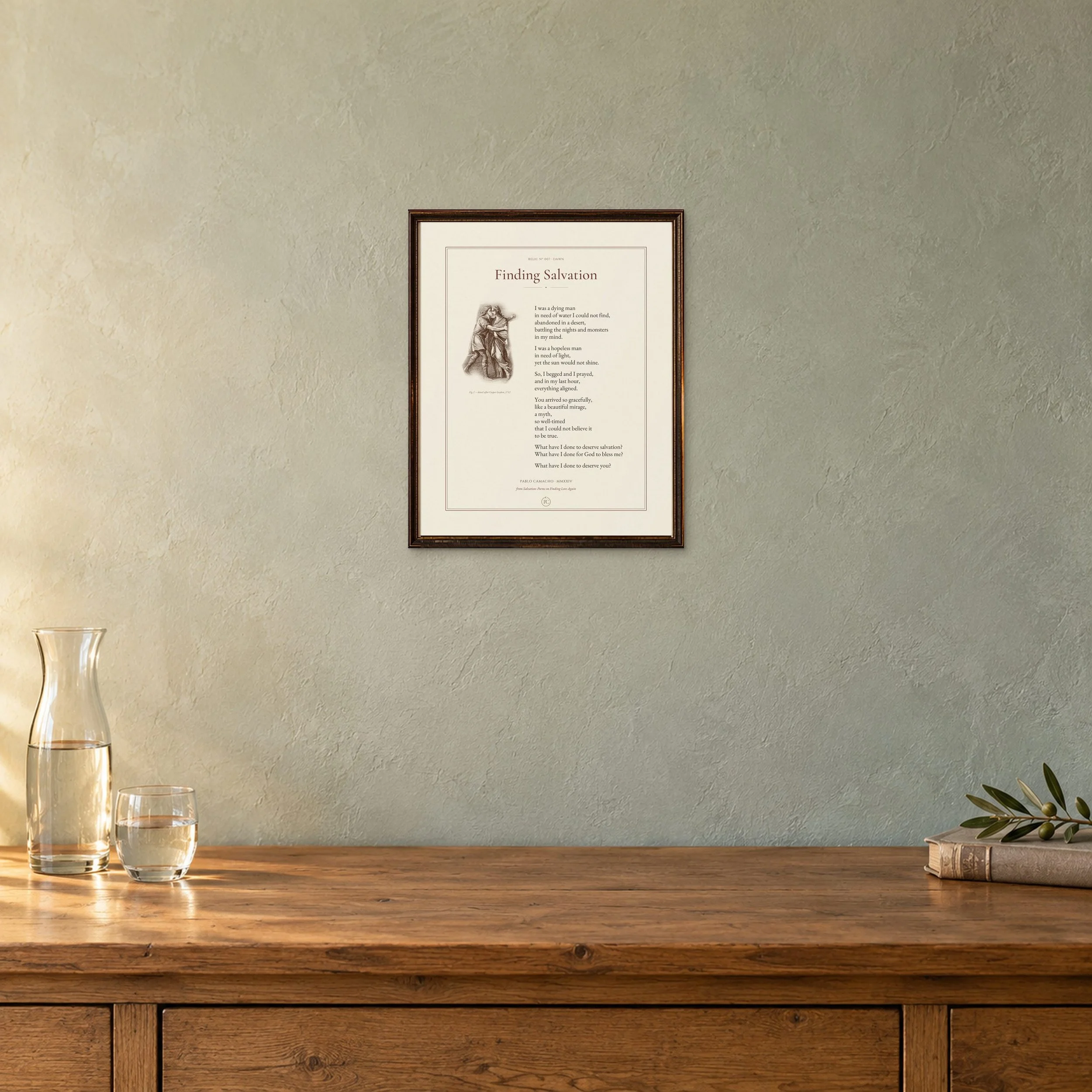 Finding Salvation 8 × 10 poetry print in a small antique frame