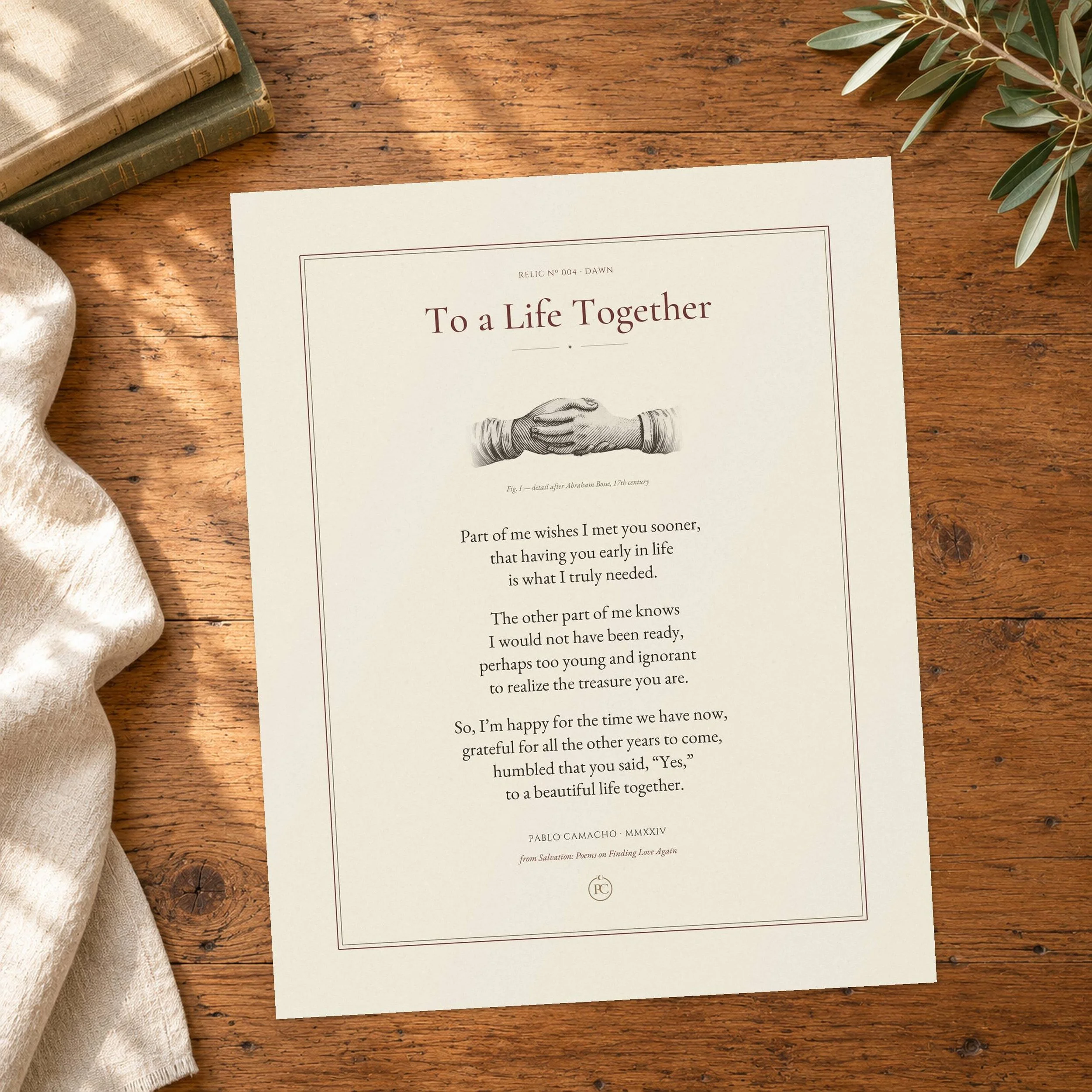 To a Life Together poem print on textured fine-art paper, with clasped hands after Abraham Bosse