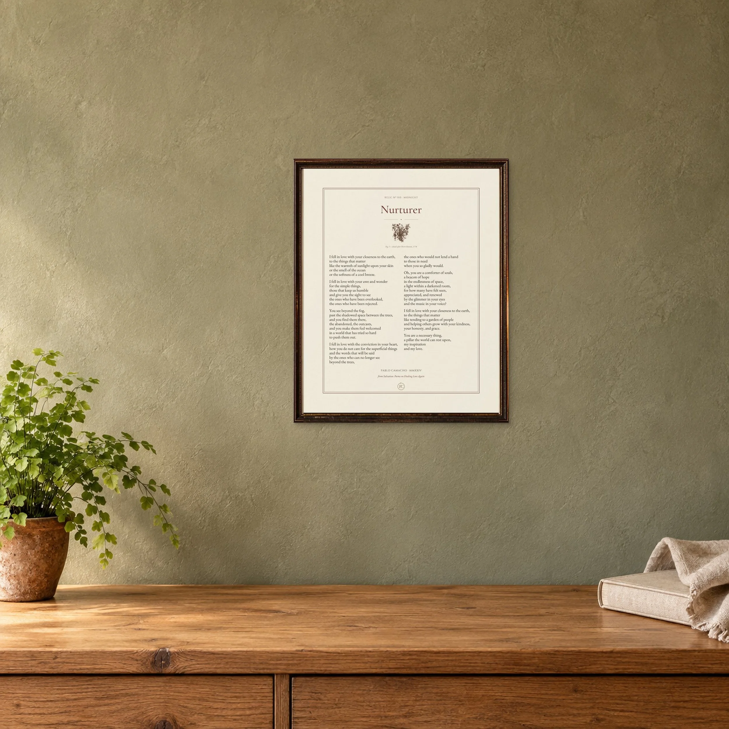 Nurturer 8 × 10 poetry print in a small antique frame
