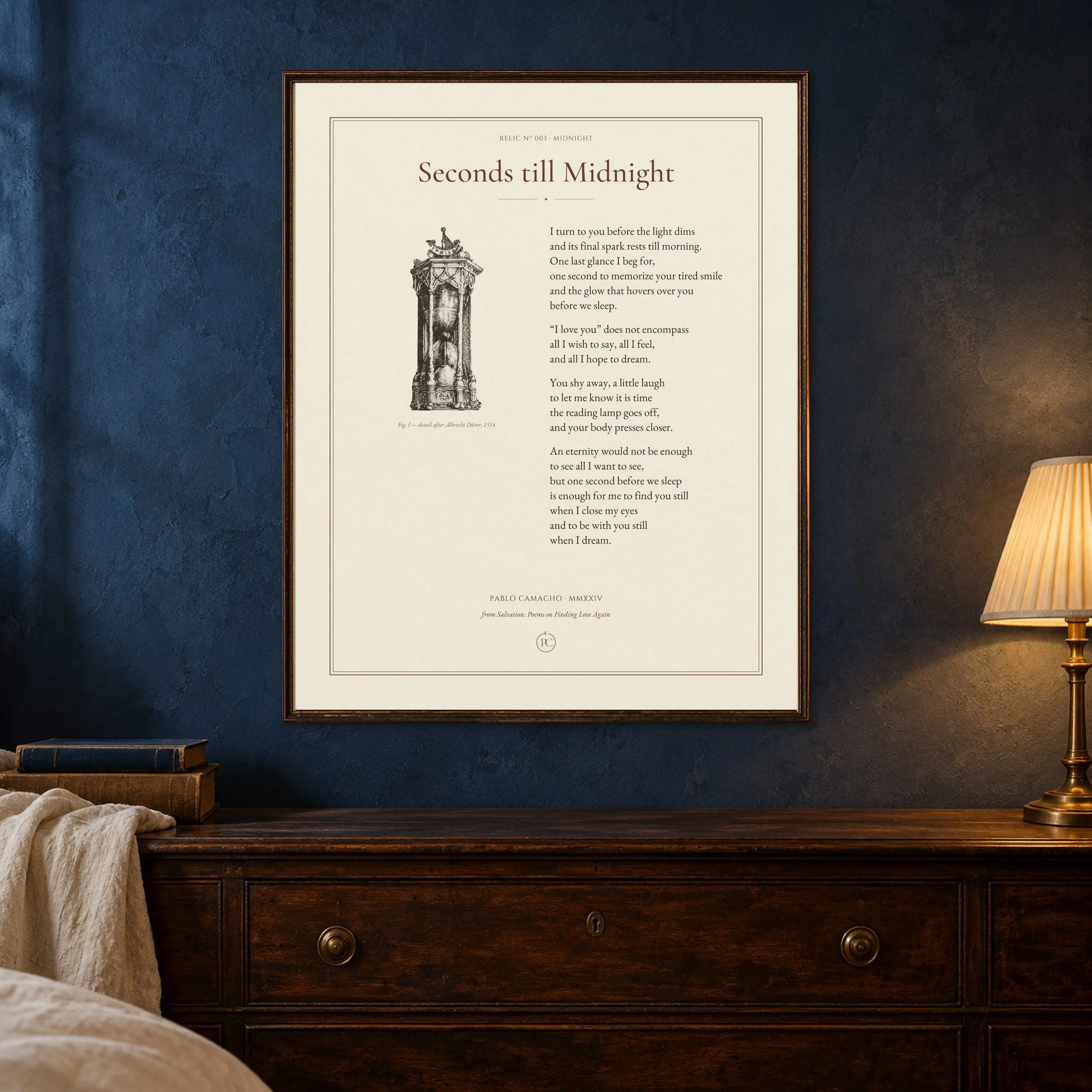 Seconds till Midnight poetry print with an hourglass illustration, framed above a dresser by lamplight