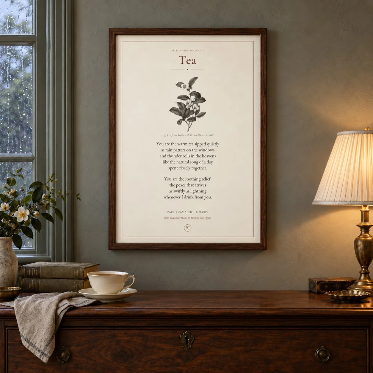 Tea poetry print with a vintage tea-plant botanical illustration, in a dark walnut frame, 16x20