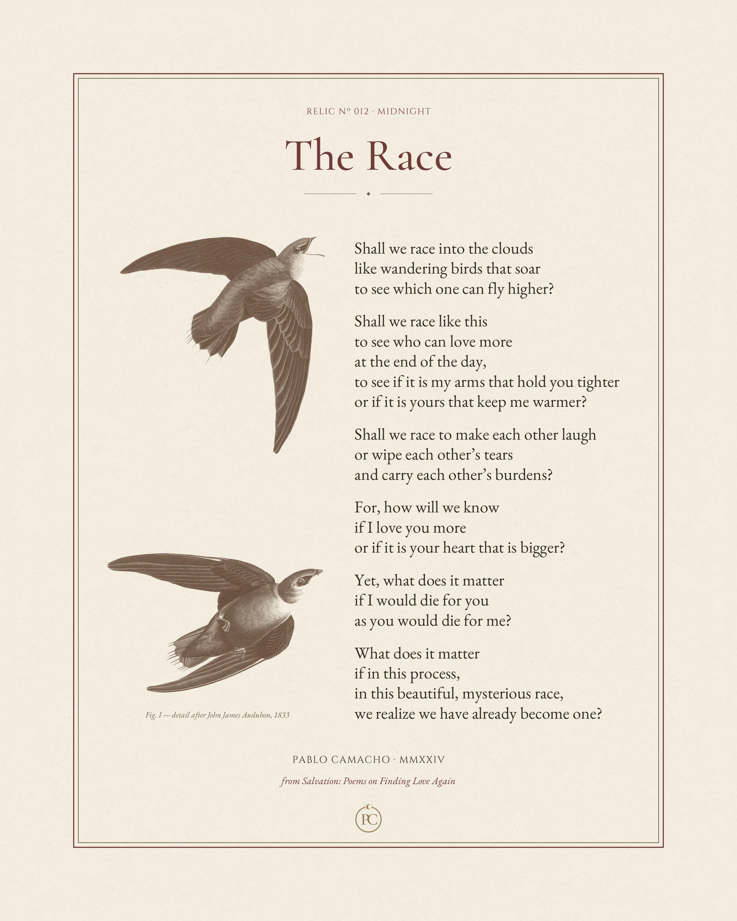 The Race poetry print by Pablo Camacho, full sheet with two swifts climbing beside the poem