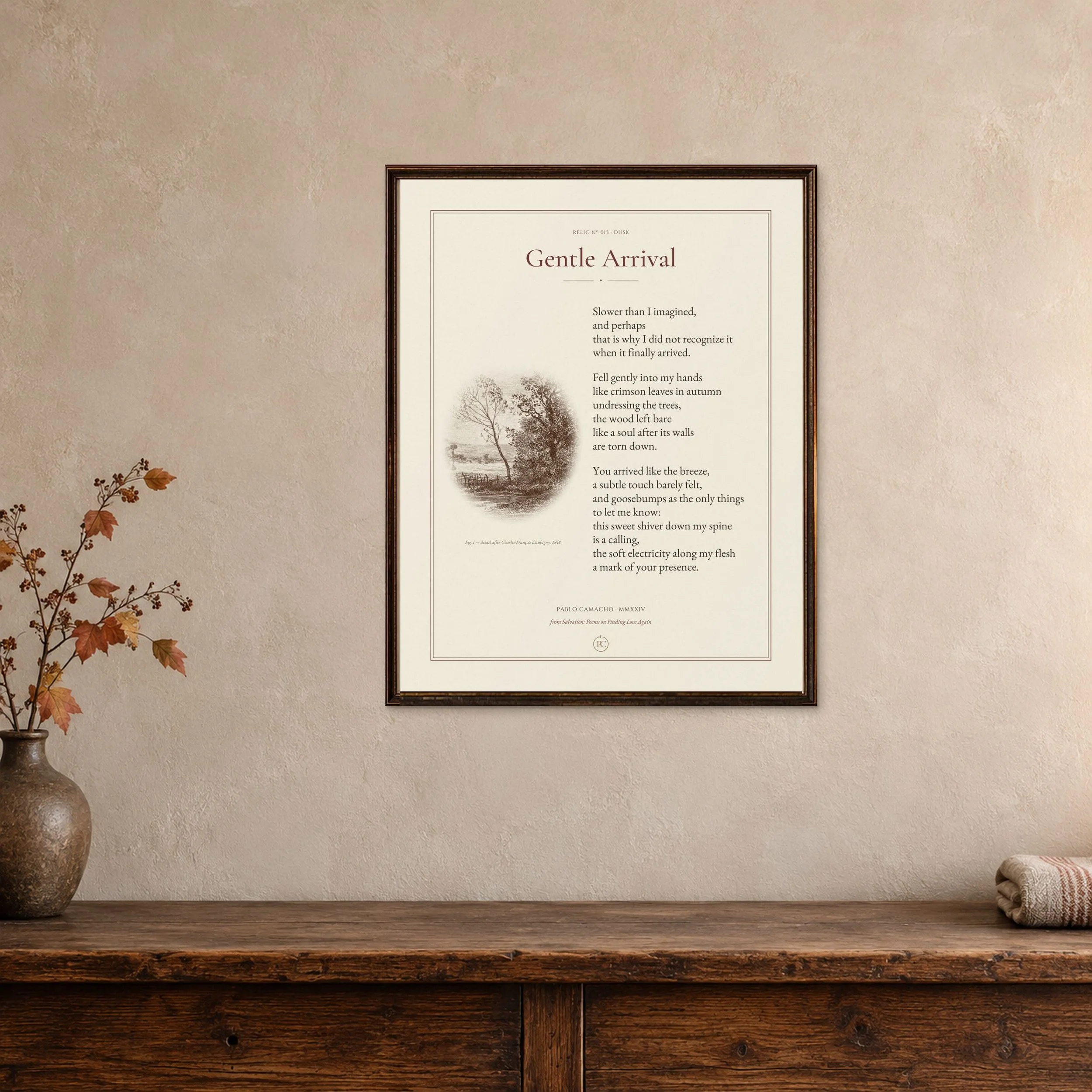 Gentle Arrival 11 × 14 poetry print in a dark wood frame