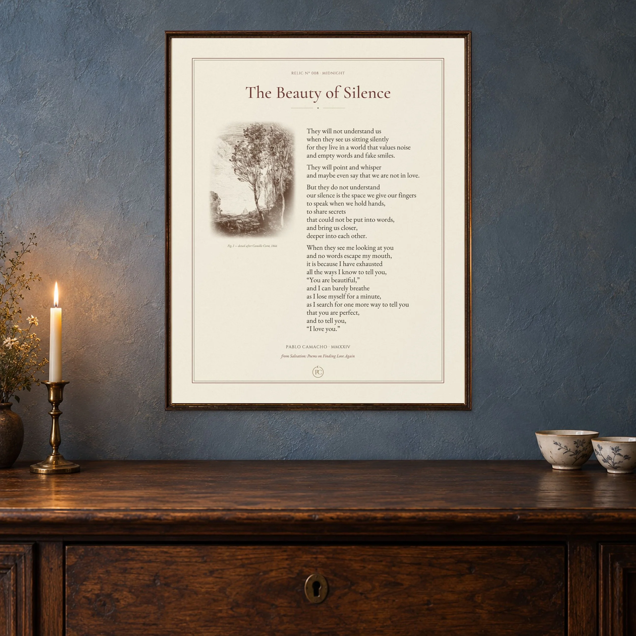 The Beauty of Silence poetry print with a Corot landscape of two trees, framed on a navy wall by candlelight