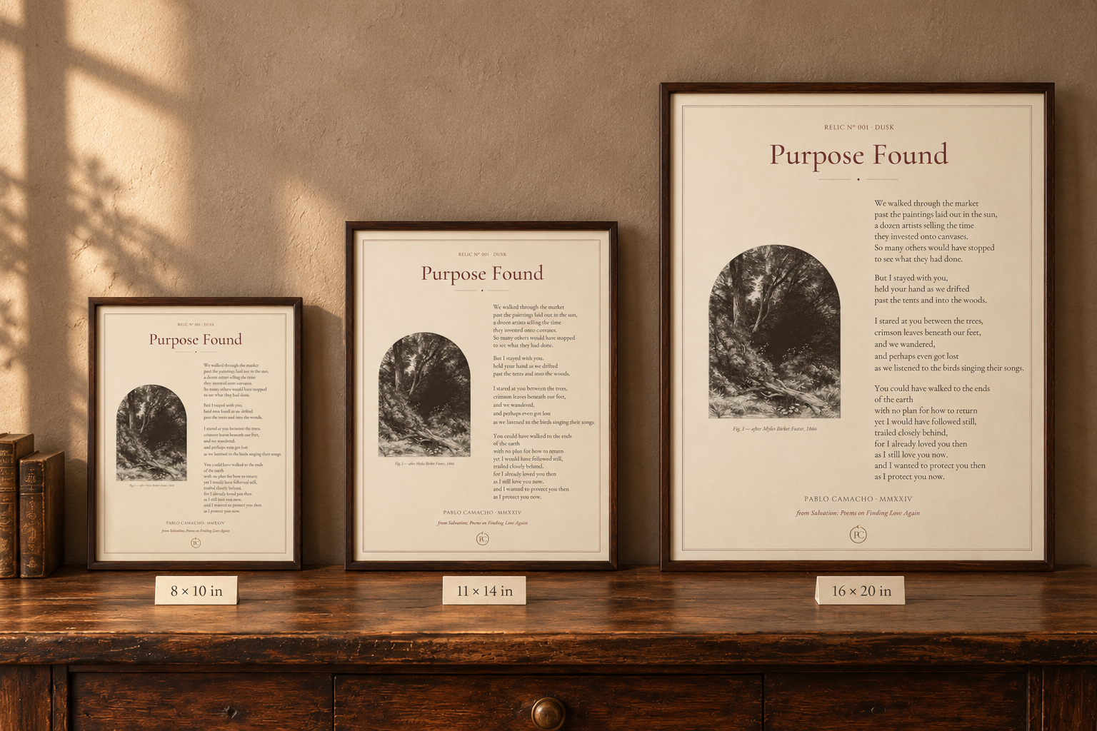 Purpose Found print shown in 8×10, 11×14 and 16×20 sizes