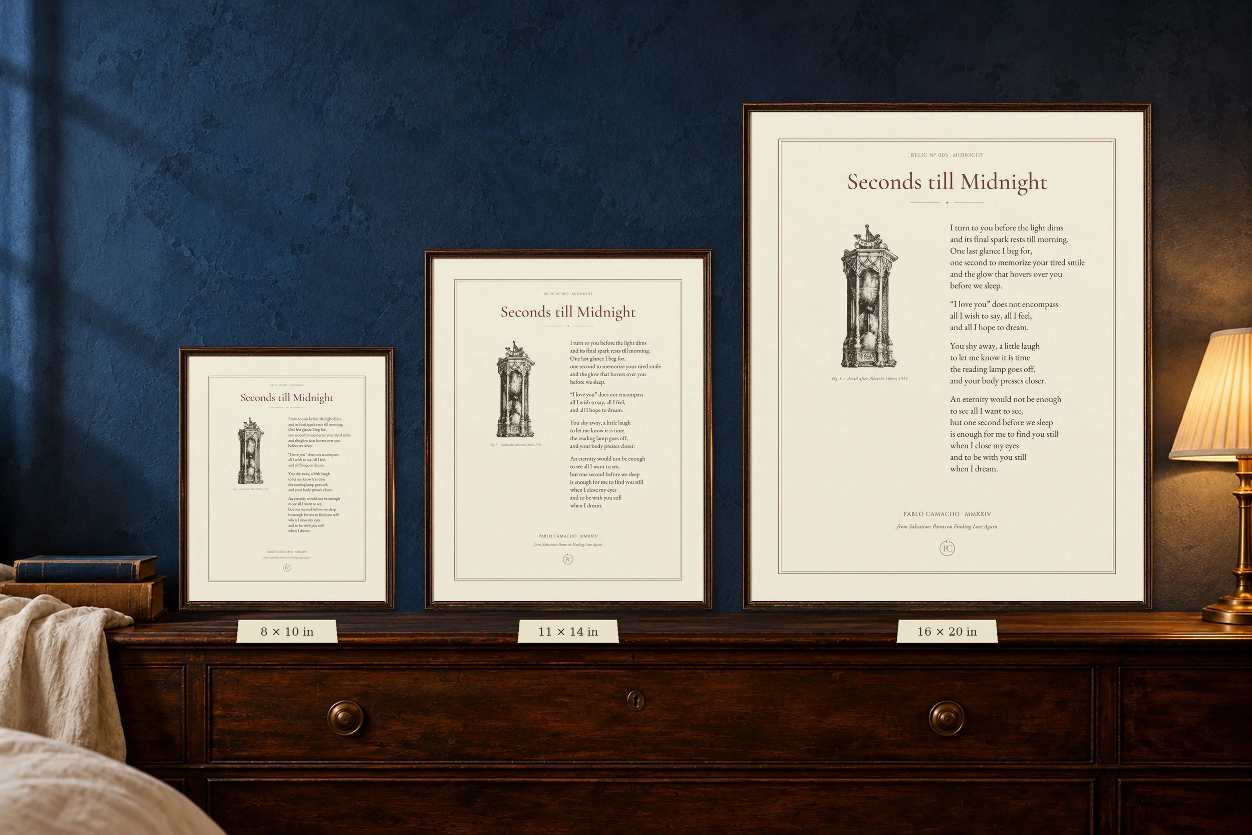 Seconds till Midnight poetry print shown in 8 × 10, 11 × 14 and 16 × 20 sizes
