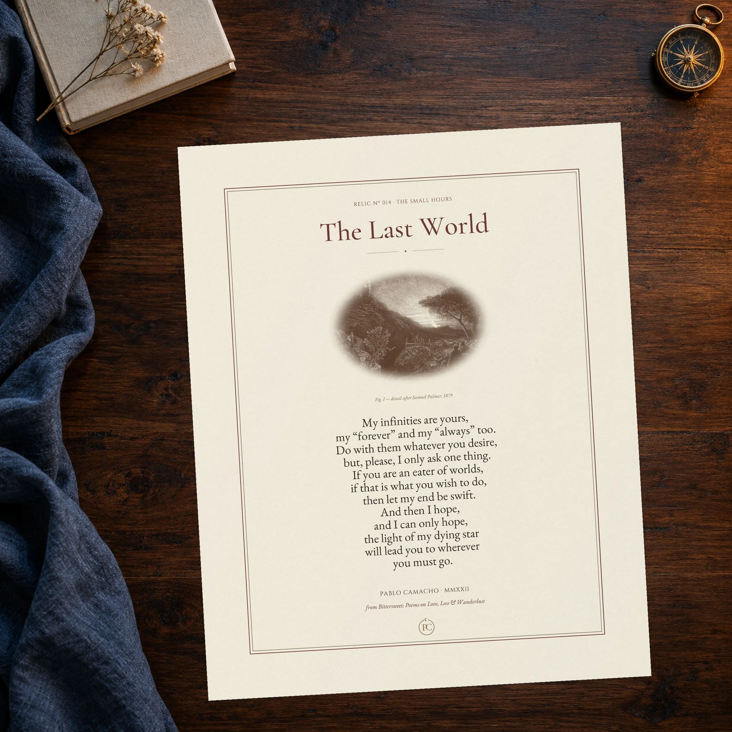 The Last World poem print on textured fine-art paper, with a night landscape after Samuel Palmer