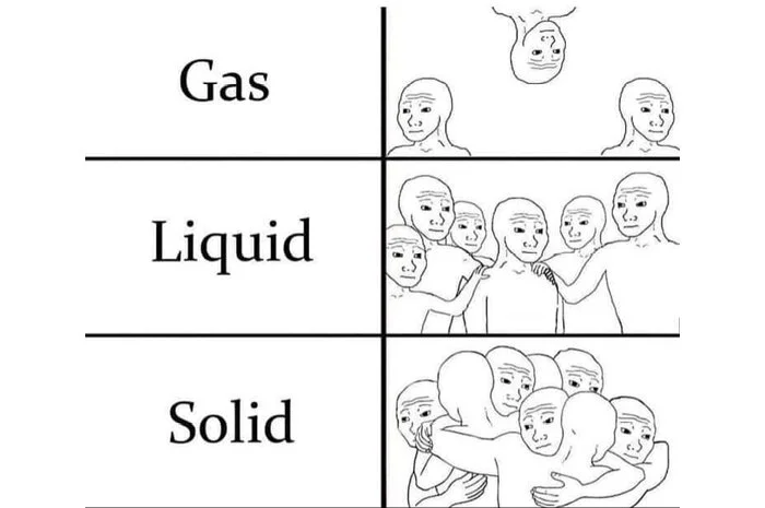 The difference in molecule proximity between three different states of matter is depicted using the popular Wojak meme.