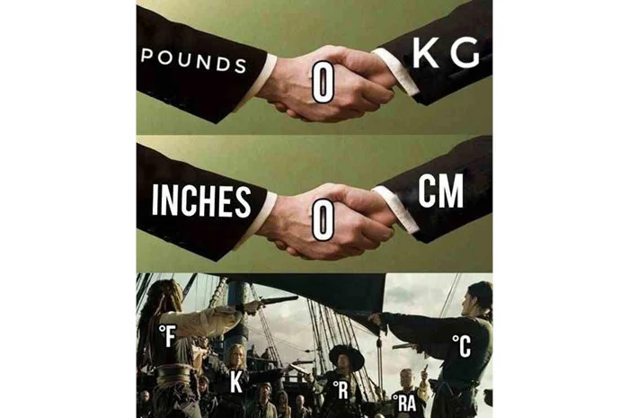 Meme showing the simplicity of weight and length unit conversions versus complications versus temperature unit conversions using the standoff scene from  Pirates of the Caribbean: At World’s End .
