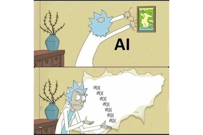 Meme from the popular show  Rick and Morty  explaining how artificial intelligence is nothing but a bunch of nested “if” statements.