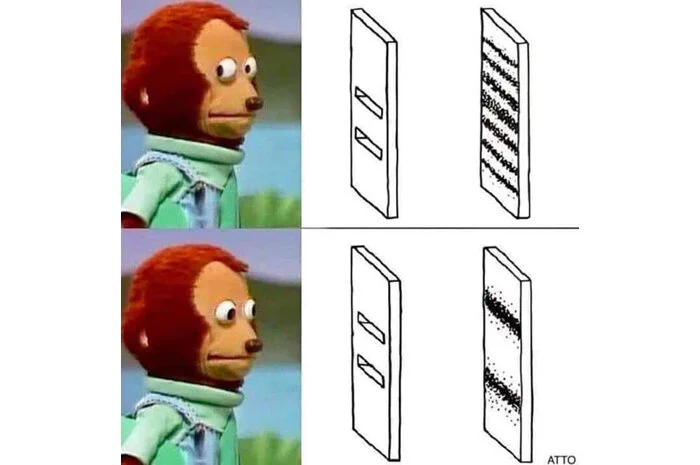 Meme using the monkey puppet, Kenta, to illustrate the particle—wave duality paradox: How photons can display characteristics of both classically defined waves and particles depending on how it’s viewed in the famous double-slit experiment.