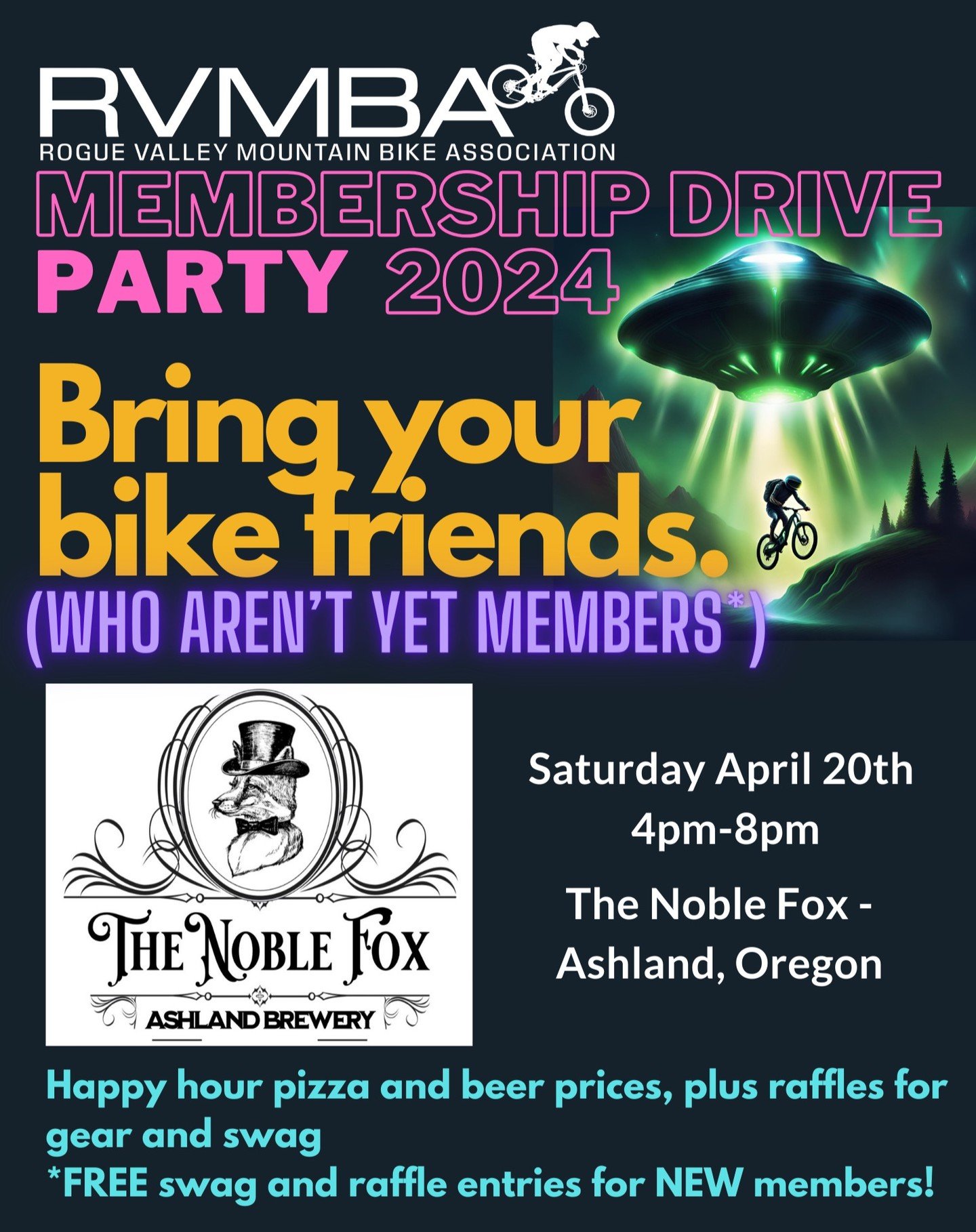Did you hear? The best party of the year is coming to a brand new Ashland brewery, @thenoblefoxashland on Saturday, April 20 from 4-8pm. RVMBA is so excited to bring the mountain bike community together for the evening! There'll be a raffle as well a
