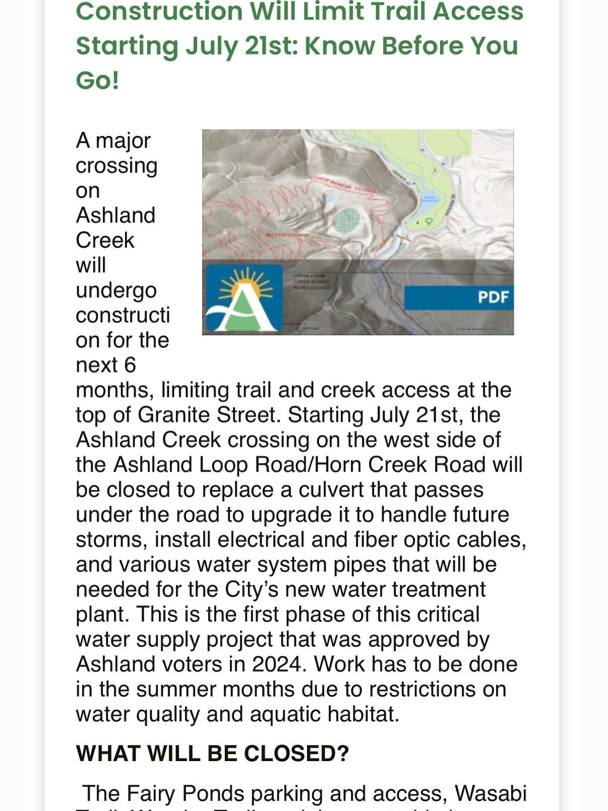 Urgent! The City of Ashland Public Works Department is closing down access to the 2060 road, Wasabi trail and Wonder Trail for 6 months starting Monday!
This project has been in the works for months and they have not made any accommodations to allow