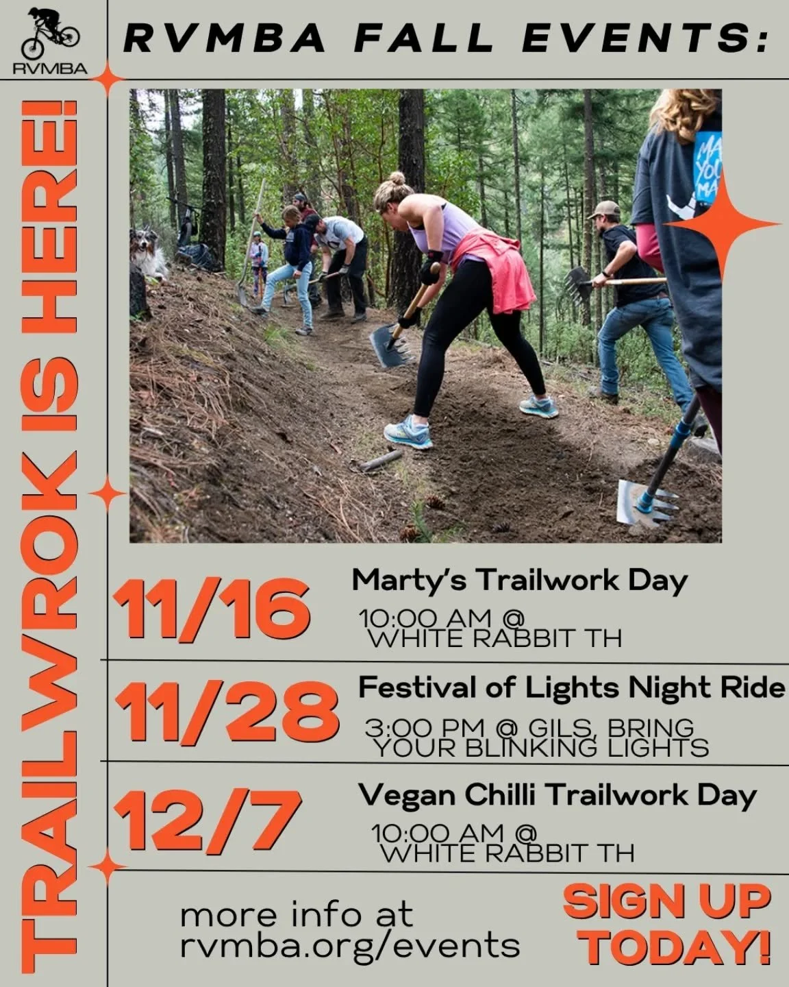Trailwork season is here!! 

We are excited to announce our first two trailwork days of the season
11/16 - Marty's
12/7 - Vegan Chili

Additionally we are going to help kick of light season in Ashland on 11/28! Being your blinking lights and riding l