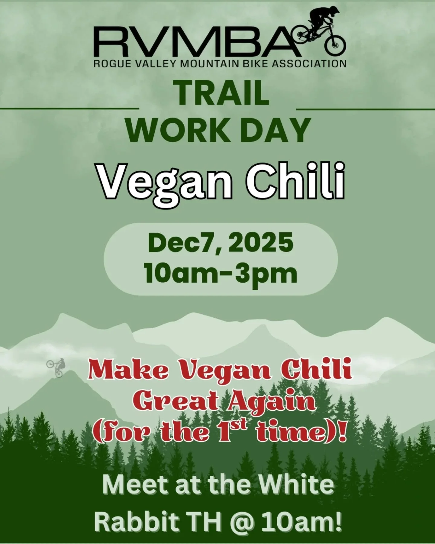 Join us this Sunday for a Vegan Chili work day! We are aiming to improve the flow and up the technicality of this track. Hopefully we will eliminate some of the side hilling and move the needle from blue-green to blue-black on this trails rating! 

-