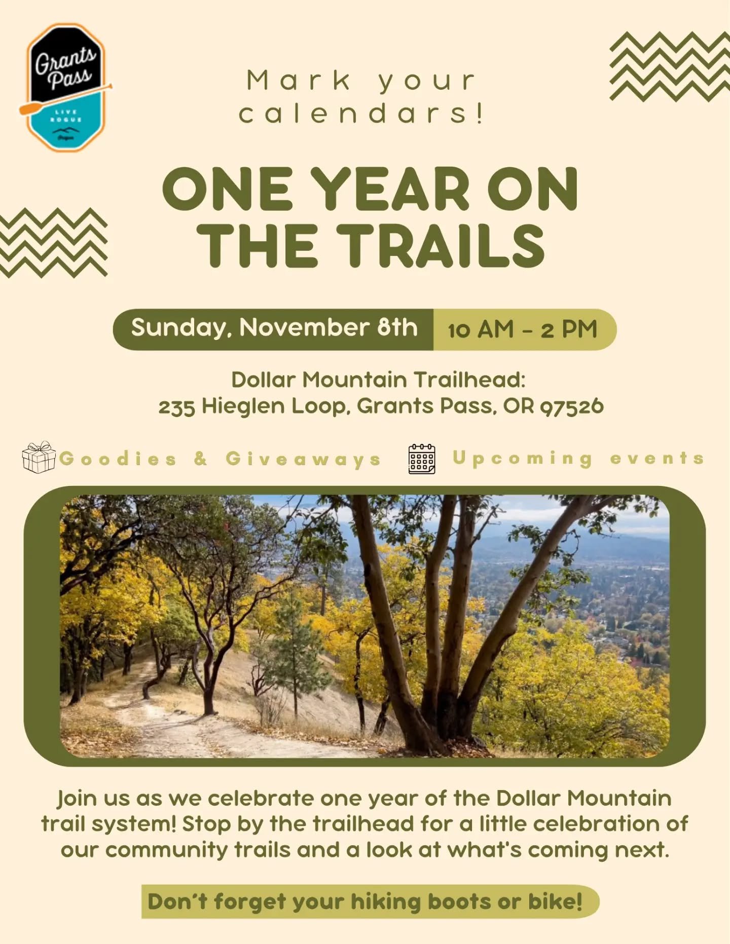 Save the date &amp; help us celebrate 1 year on Dollar Mountain! Grants Pass Parks Dept along with @bikekraft, @rvmbaorg, and others will be on the scene at Hieglen Loop Trailhead to bring the stoke and update you all on what year two looks like for 