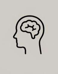 Side profile of a human head with a brain outline inside, minimalist black outline on a light background.